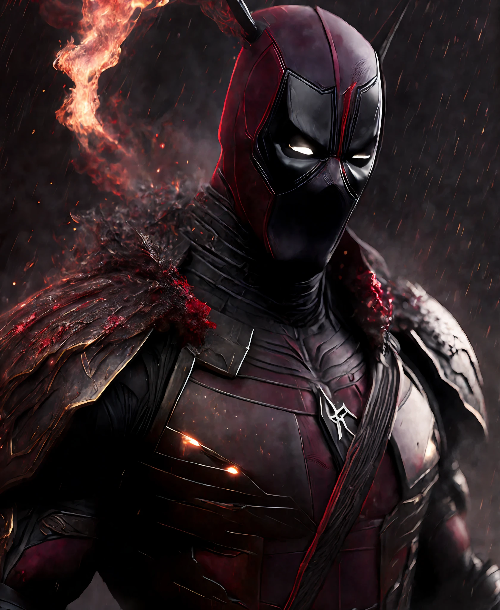 Close-up (Deadpool from Marvel in Viking style: 1.3) emerging from wet black mud, extremely detailed, smoke, sparks, metal shavings, flying debris, volumetric light