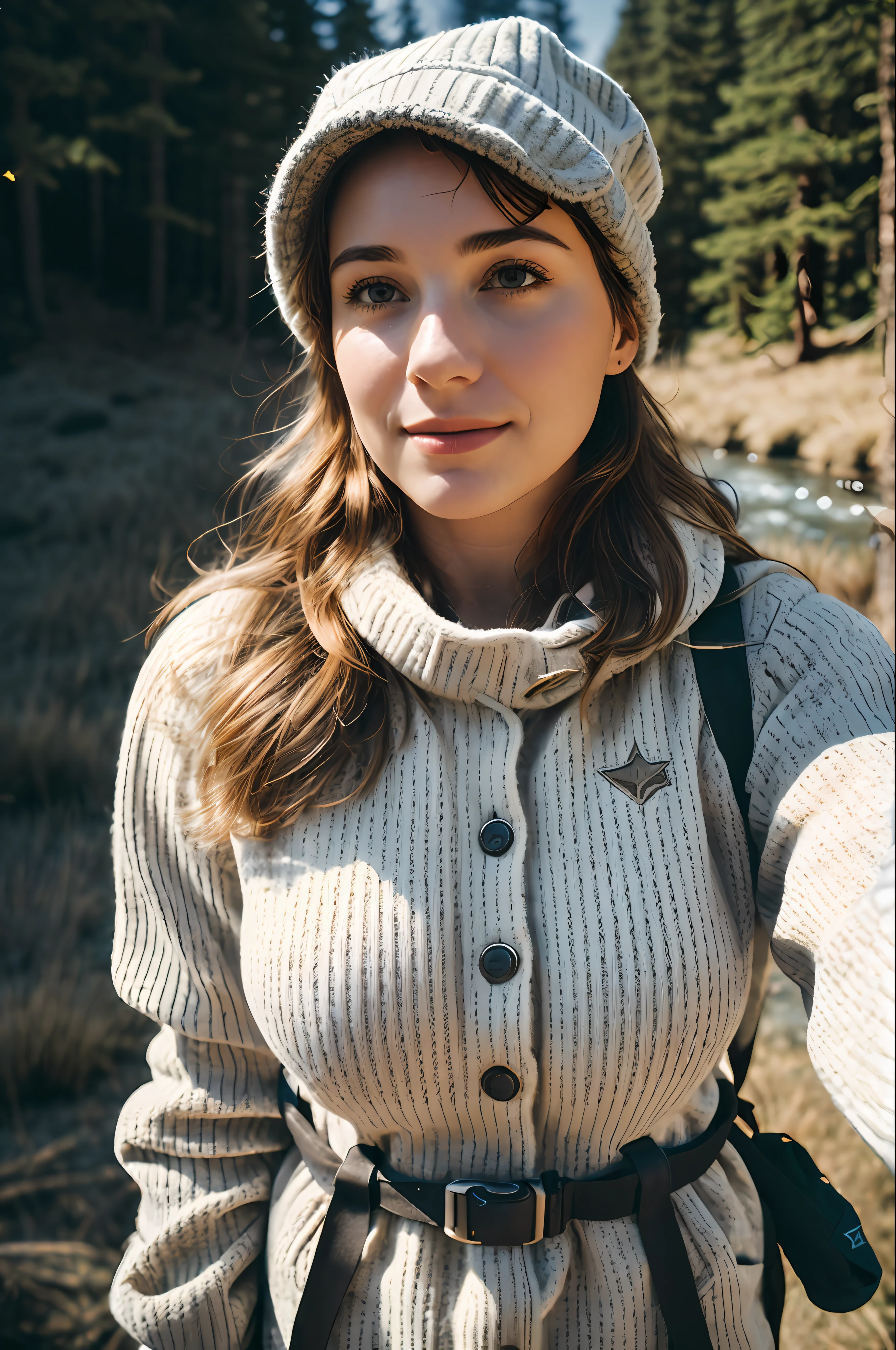 1 woman((upper body selfie, happy)), masterpiece, best quality, ultra-detailed,  solo, big breasts, big boobs, outdoors, (night), mountains, nature, (stars, moon)   cheerful, happy, backpack, sleeping bag, camping stove, water bottle, mountain boots, gloves, sweater, hat, flashlight, forest, rocks, river, wood, smoke, shadows, contrast, clear sky,
analog style (look at viewer:1.2)  (skin texture)
(film grain:1.3), (warm hue, warm tone)