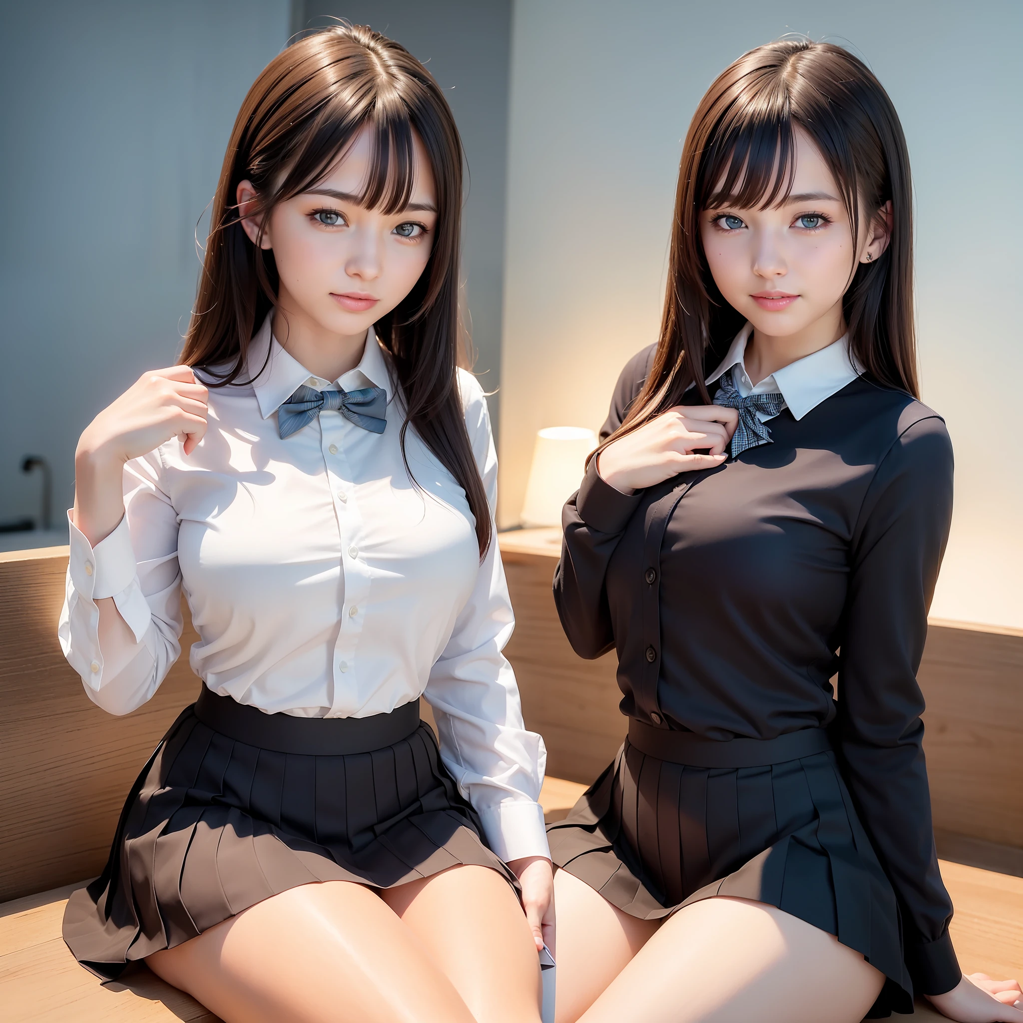 (8k, RAW photo, best quality, masterpiece: 1.2), (realistic, photo-realistic: 1.37), ultra-detailed, 1 girl, cute, solo, beautiful detailed sky, detailed coffee, night, sitting, dating, (flushed nose), (smile: 1.1), (mouth closed), medium breasts, beautiful detailed eyes, (collared shirt: 1.1), bow tie, pleated skirt,