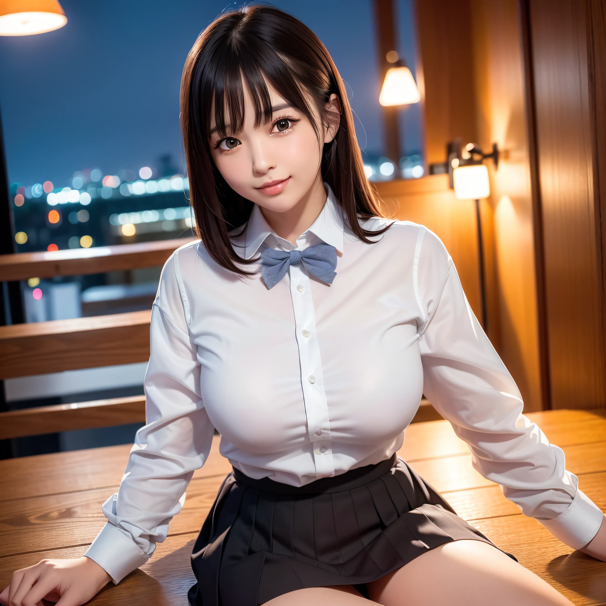 (8k, RAW photo, best quality, masterpiece: 1.2), (realistic, photo-realistic: 1.37), ultra-detailed, 1 girl, cute, solo, beautiful detailed sky, detailed coffee, night, sitting, dating, (flushed nose), (smile: 1.1), (mouth closed), medium breasts, beautiful detailed eyes, (collared shirt: 1.1), bow tie, pleated skirt,