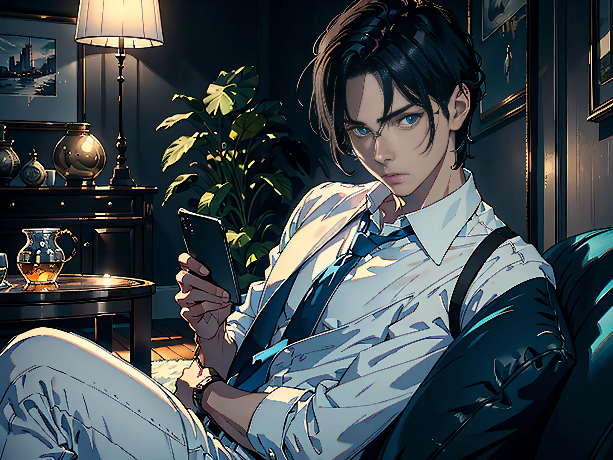 ((Masterpiece)), ((Best Quality)), 8K, HD, Super Detail, ((1 Man 1.6)), (Man White Shirt), (Holding Mobile Phone 1.5) (Black Hair), (Blue Eyes) (Sitting on Living Room Sofa 1.6) (Upper Body Display 1.4) The artwork is a masterpiece, with the best quality and super detail, captured in 8K HD. Photographic realistic, realistic, very detailed illustrations realistic, octane rendering