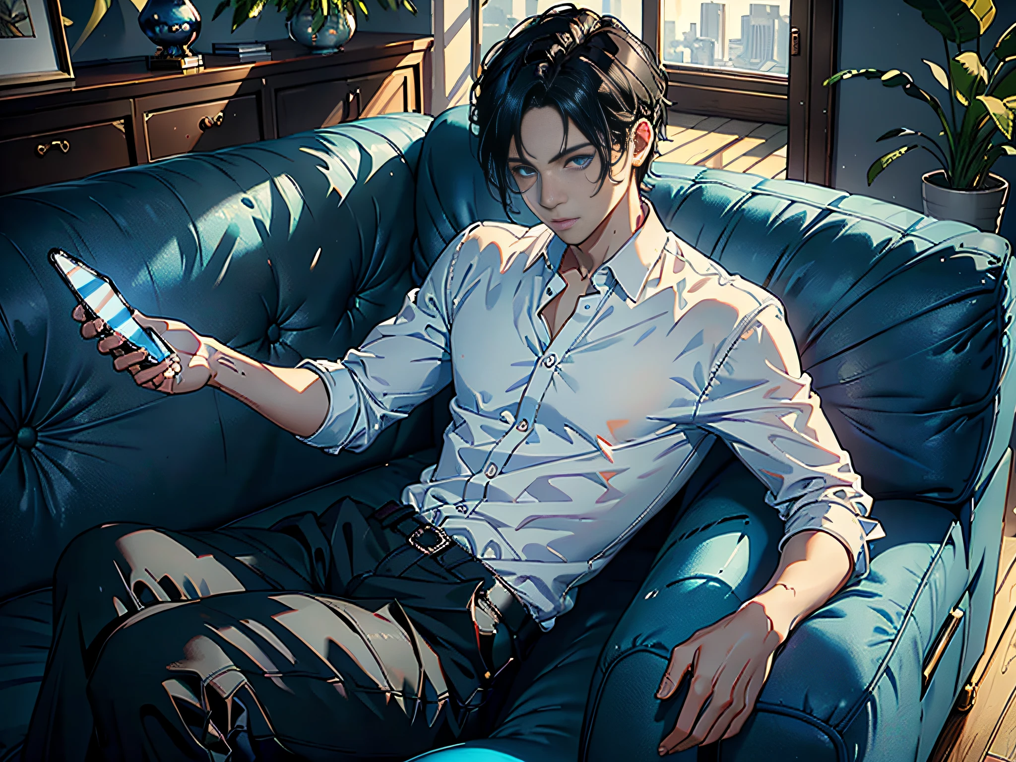 ((Masterpiece)), ((Best Quality)), 8K, HD, Super Detail, ((1 Man 1.6)), (Man White Shirt), (Holding Mobile Phone 1.5) (Black Hair), (Blue Eyes) (Sitting on Living Room Sofa 1.6) (Upper Body Display 1.4) The artwork is a masterpiece, with the best quality and super detail, captured in 8K HD. Photographic realistic, realistic, very detailed illustrations realistic, octane rendering