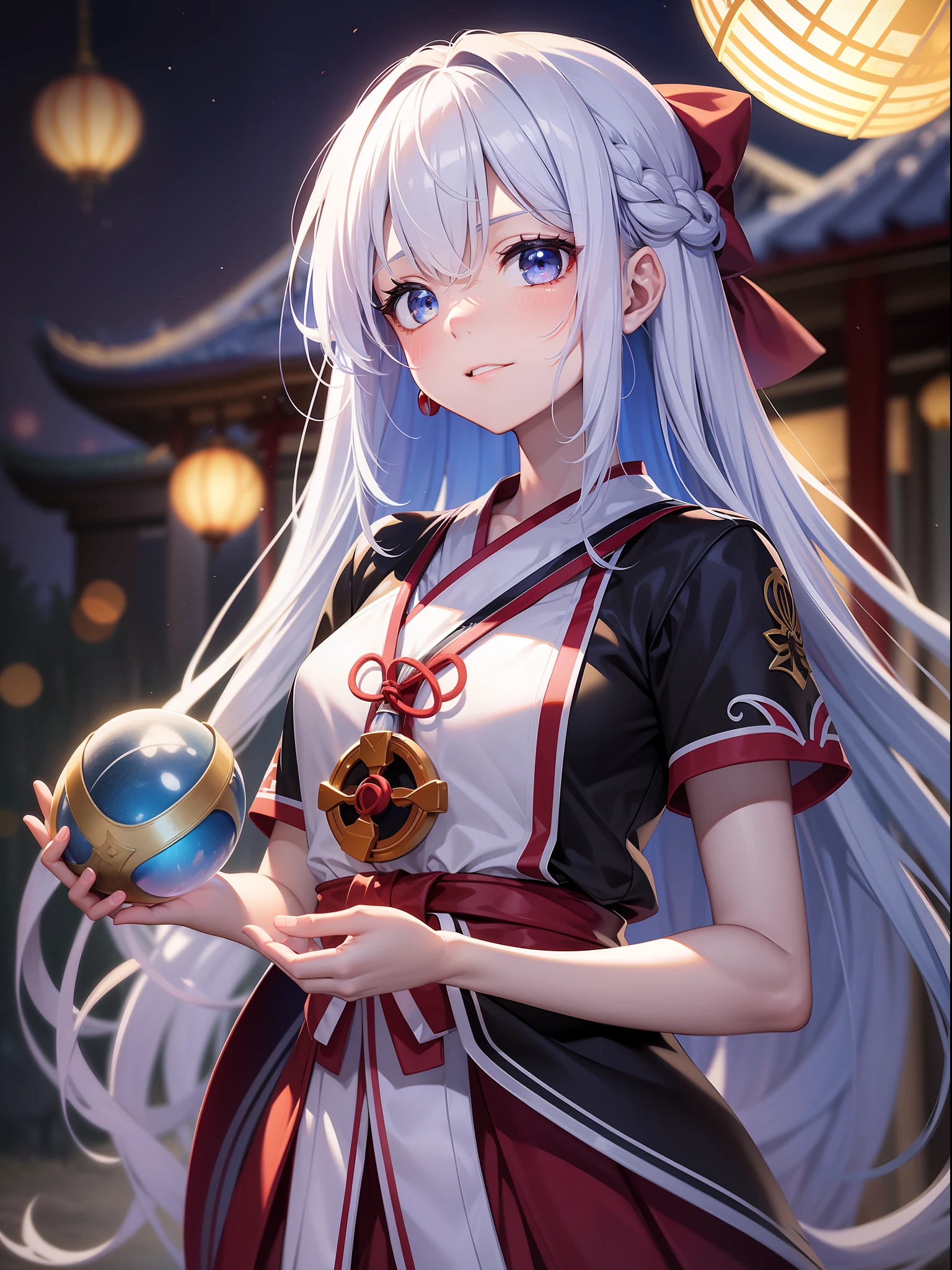 1teenager girl, nontraditional miko, shrine, in the water ball, dark night, shrine is on fire, gradient hair, white hair, blue hair, long hair, eye reflection, disdain, ray tracing, reflection light, blurry, glowing light, depth of field, chiaroscuro, stereogram, zoom layer, cowboy shot, f/2.8, bokeh, masterpiece, best quality, high quality, HD