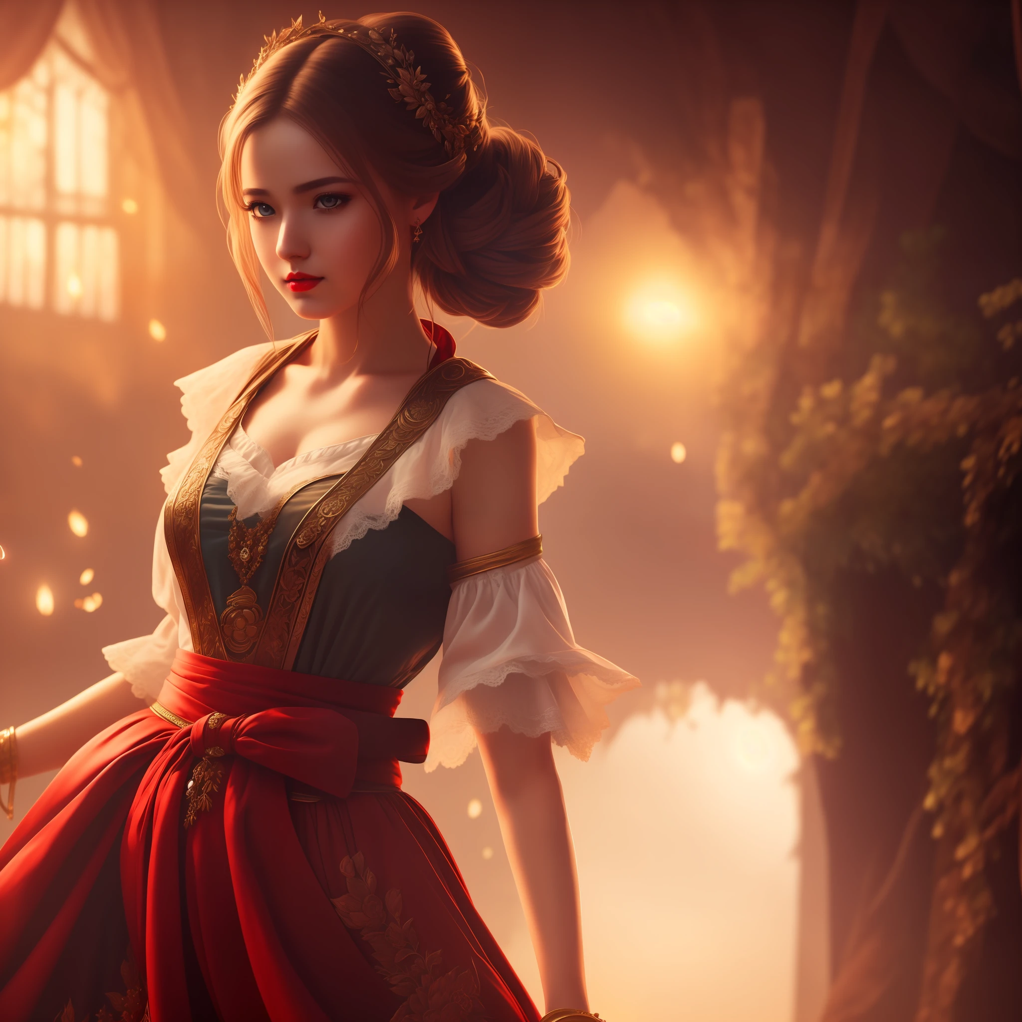 Masterpiece, best quality, (very detailed CG Unity 8k wallpaper), (best quality), (best illustration), (best shadow), beautiful woman, period costume, gauze skirt, bun, sadness, red lips