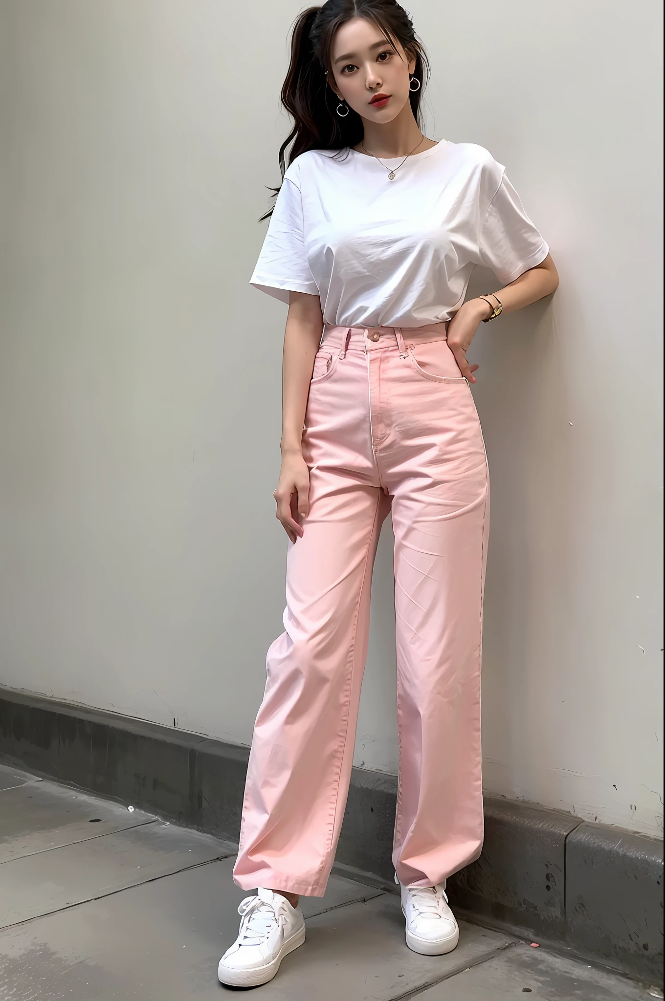 "Peach pink high-waist wide-leg pants, white T-shirt, white sneakers, beautiful girl."