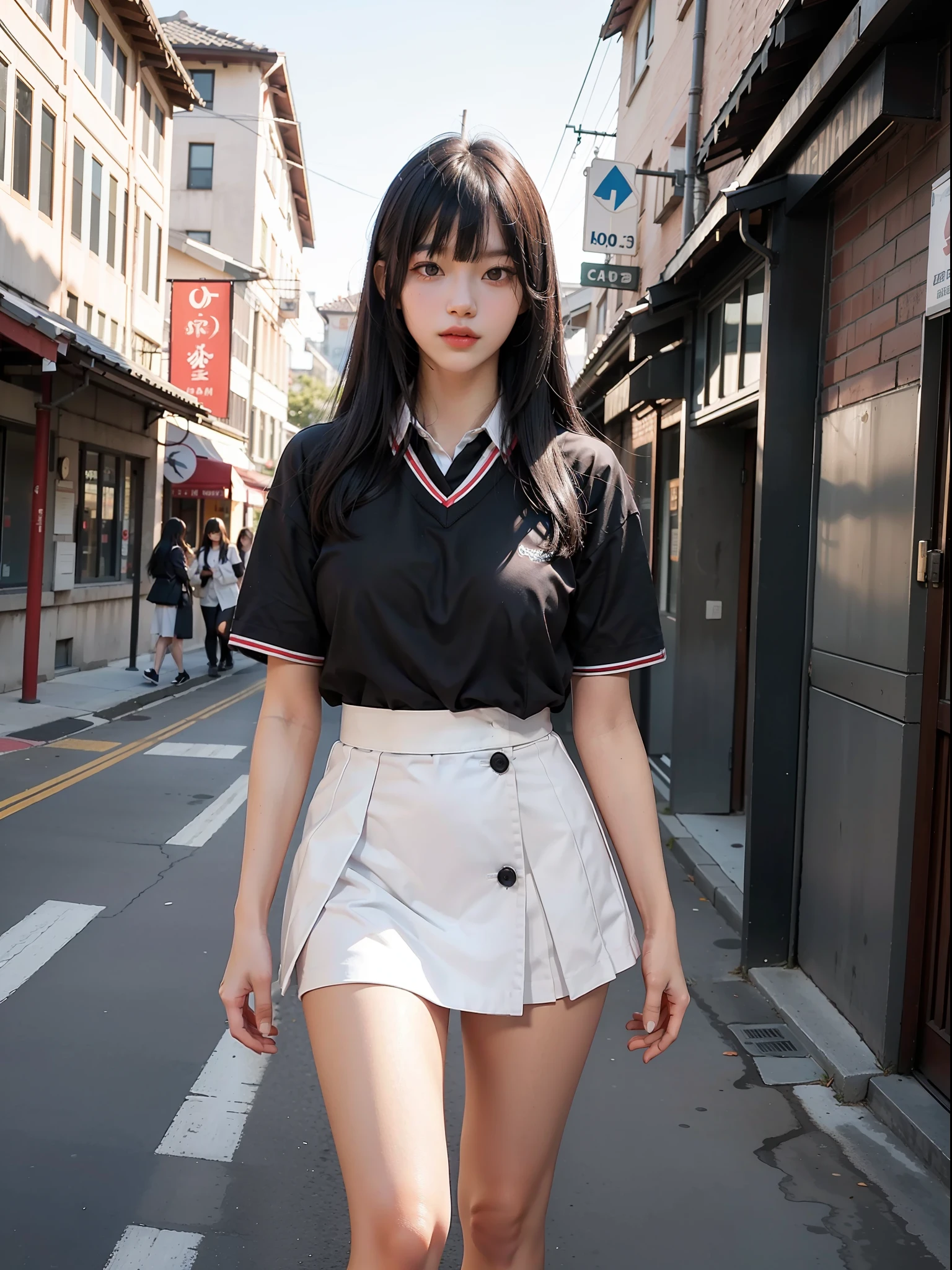 Photograph of a young Asian schoolgirl wearing school uniform, full body and legs, perfect body beauty: 1.4, ((long black fringe-cut and bangs hair, Big breasts: 1.3)((Realistic lighting, Best quality, 8K, Masterpiece: 1.3)), Clear focus: 1.2, ), (Outdoor, night: 1.2), City streets, ultra-fine face, fine eyes