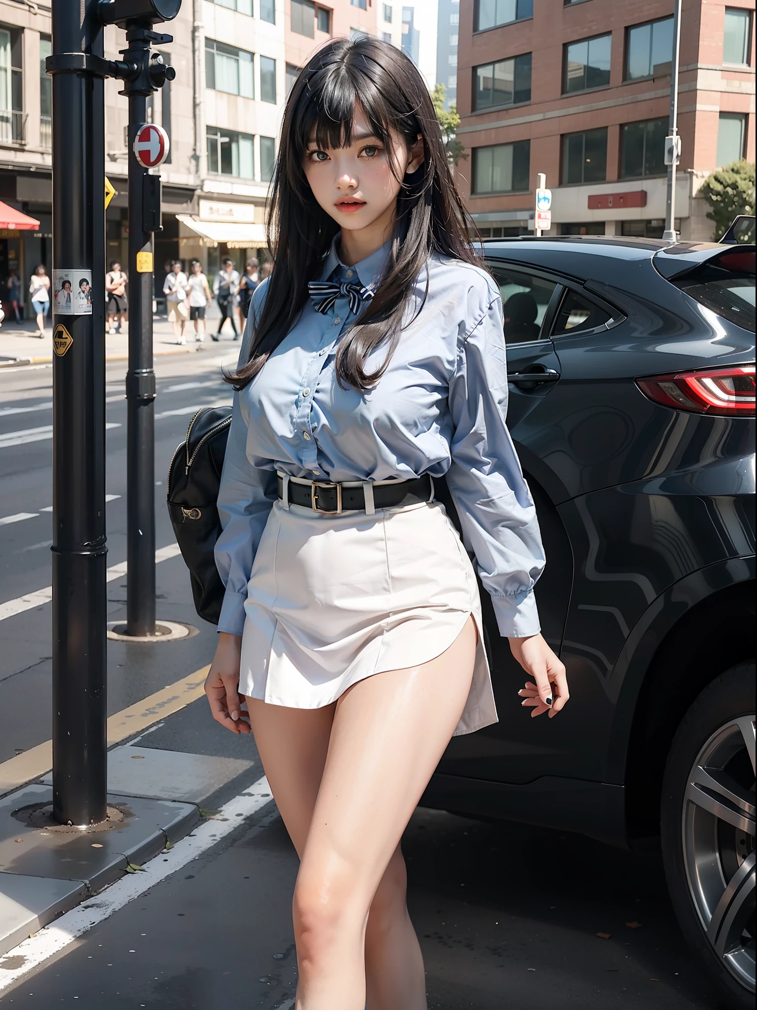 Photograph of a young Asian schoolgirl wearing school uniform, full body and legs, perfect body beauty: 1.4, ((long black fringe-cut and bangs hair, Big breasts: 1.3)((Realistic lighting, Best quality, 8K, Masterpiece: 1.3)), Clear focus: 1.2, ), (Outdoor, night: 1.2), City streets, ultra-fine face, fine eyes