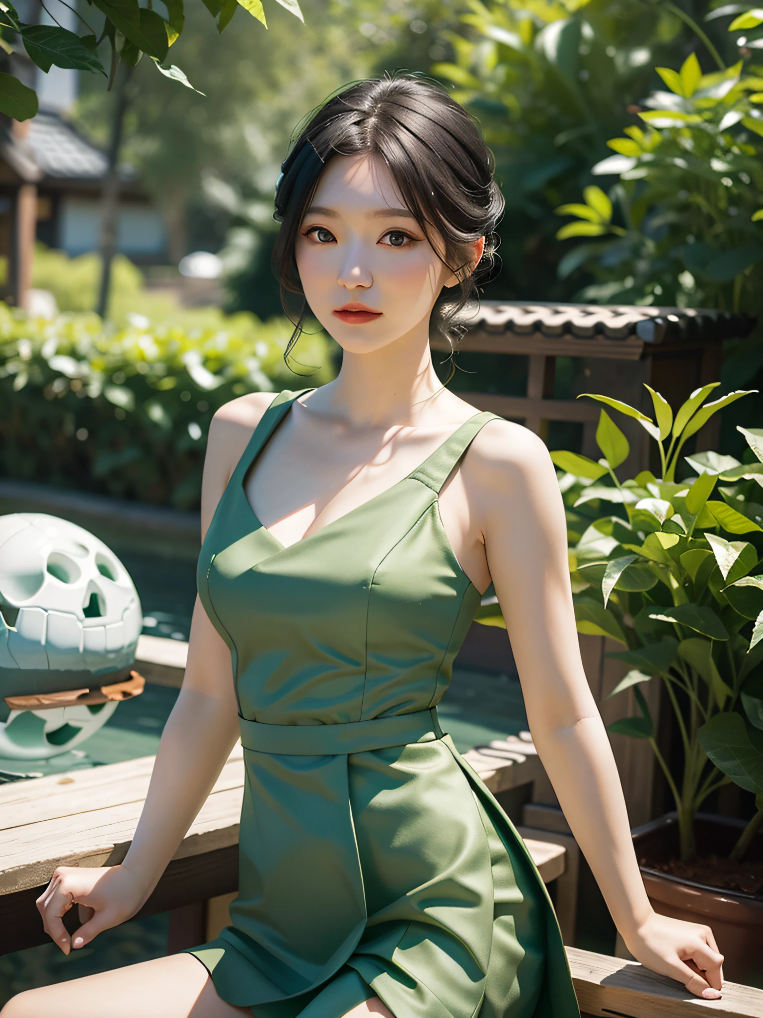 green dress,white short skirt,woman,japanese,bare shoulders,shoulders slightly exposed,black eyes,black hair,(photorealistic:1.4),realistic details, high resolution,bokeh,outstanding details
