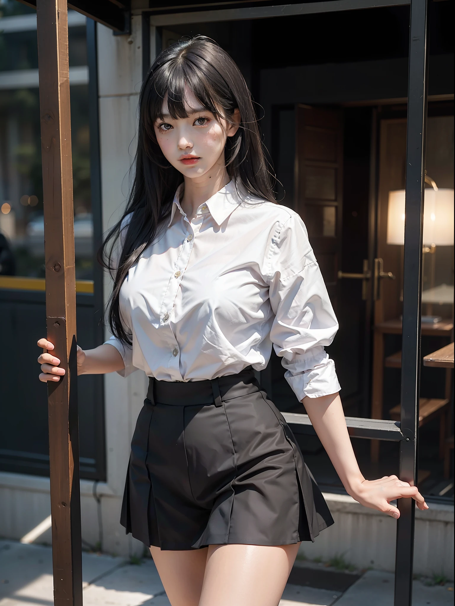 Photograph of a young Asian schoolgirl wearing school uniform, full body and legs, perfect body beauty: 1.4, ((long black fringe-cut and bangs hair, Big breasts: 1.3)((Realistic lighting, Best quality, 8K, Masterpiece: 1.3)), Clear focus: 1.2, ), (Outdoor, night: 1.2), City streets, ultra-fine face, fine eyes