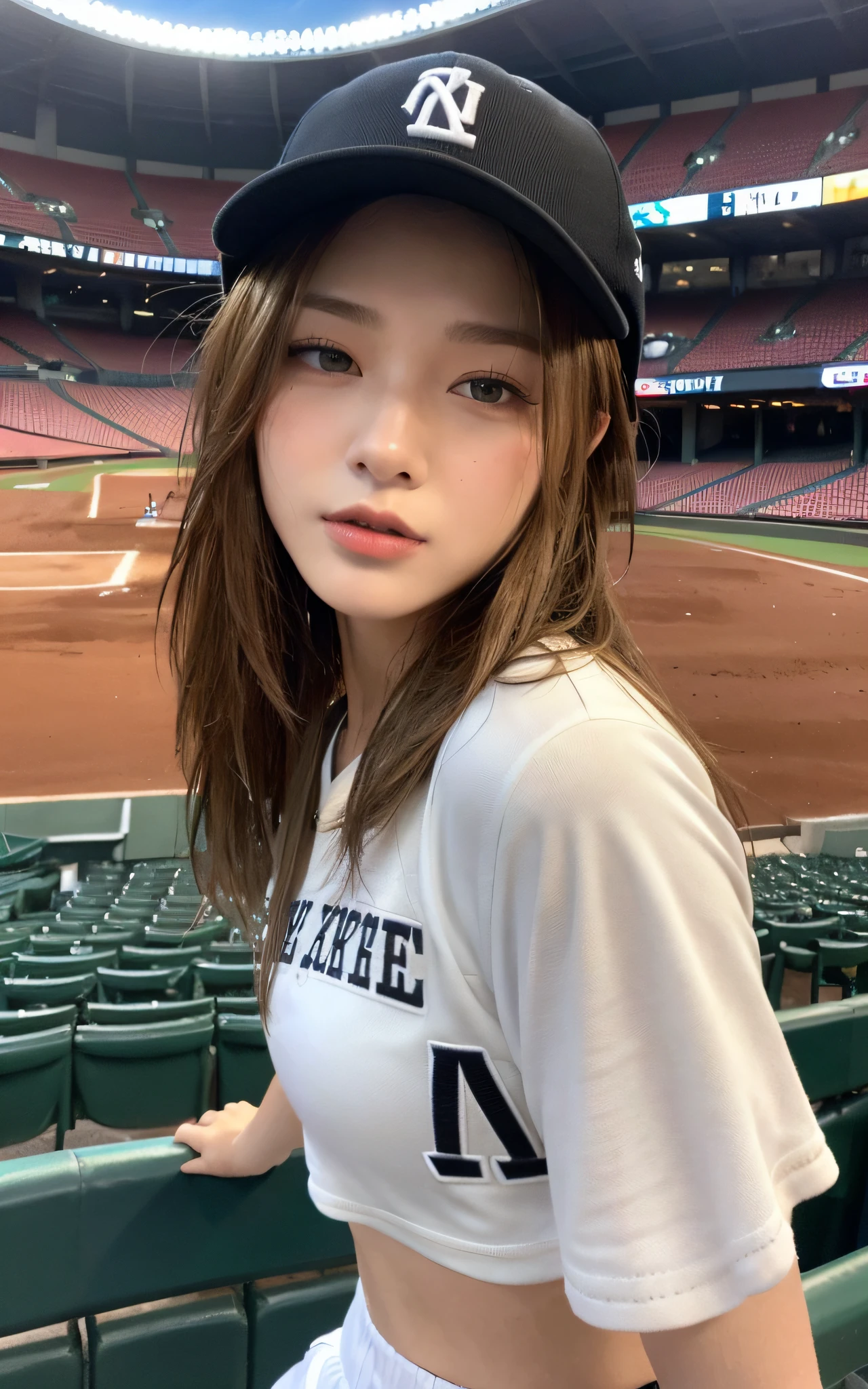 ((Top Quality, 8K, Masterpiece: 1.3)), Sharp: 1.2, Perfect Body Beauty: 1.4, Slim Abs: 1.2, ((Layered Hairstyle, Big: 1.2)), Wet: 1.5, Highly Detailed Face and Skin Texture, Detailed Eyes, Single Eyelids, Sides Looking at the Camera, Golden Hair, In a Baseball Stadium, Wearing a Hat