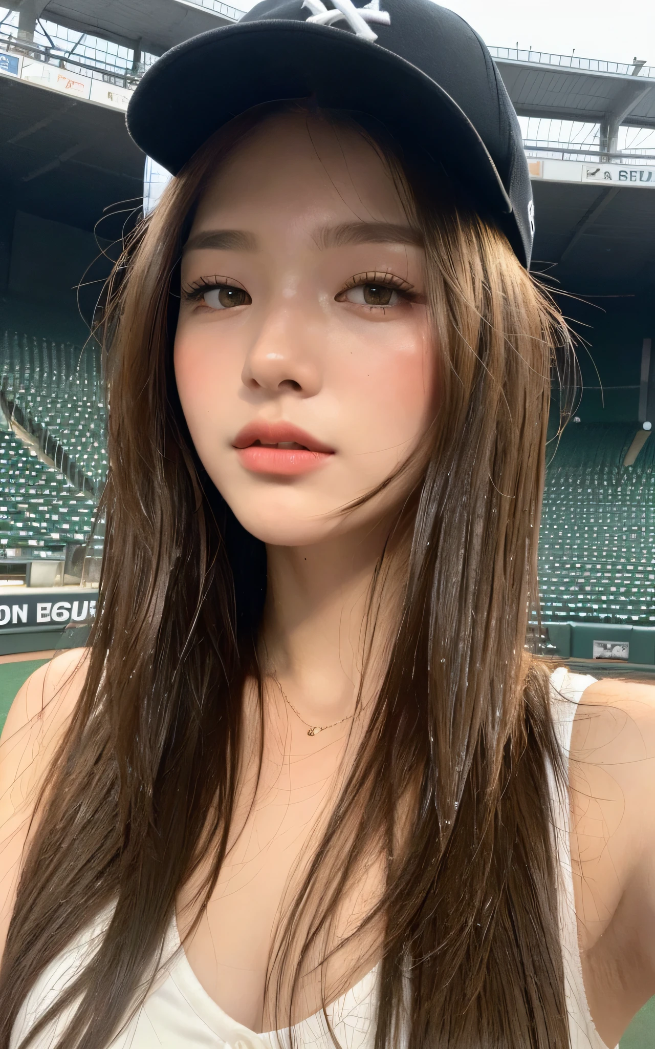 ((Top Quality, 8K, Masterpiece: 1.3)), Sharp: 1.2, Perfect Body Beauty: 1.4, Slim Abs: 1.2, ((Layered Hairstyle, Big: 1.2)), Wet: 1.5, Highly Detailed Face and Skin Texture, Detailed Eyes, Single Eyelids, Sides Looking at the Camera, Golden Hair, In a Baseball Stadium, Wearing a Hat