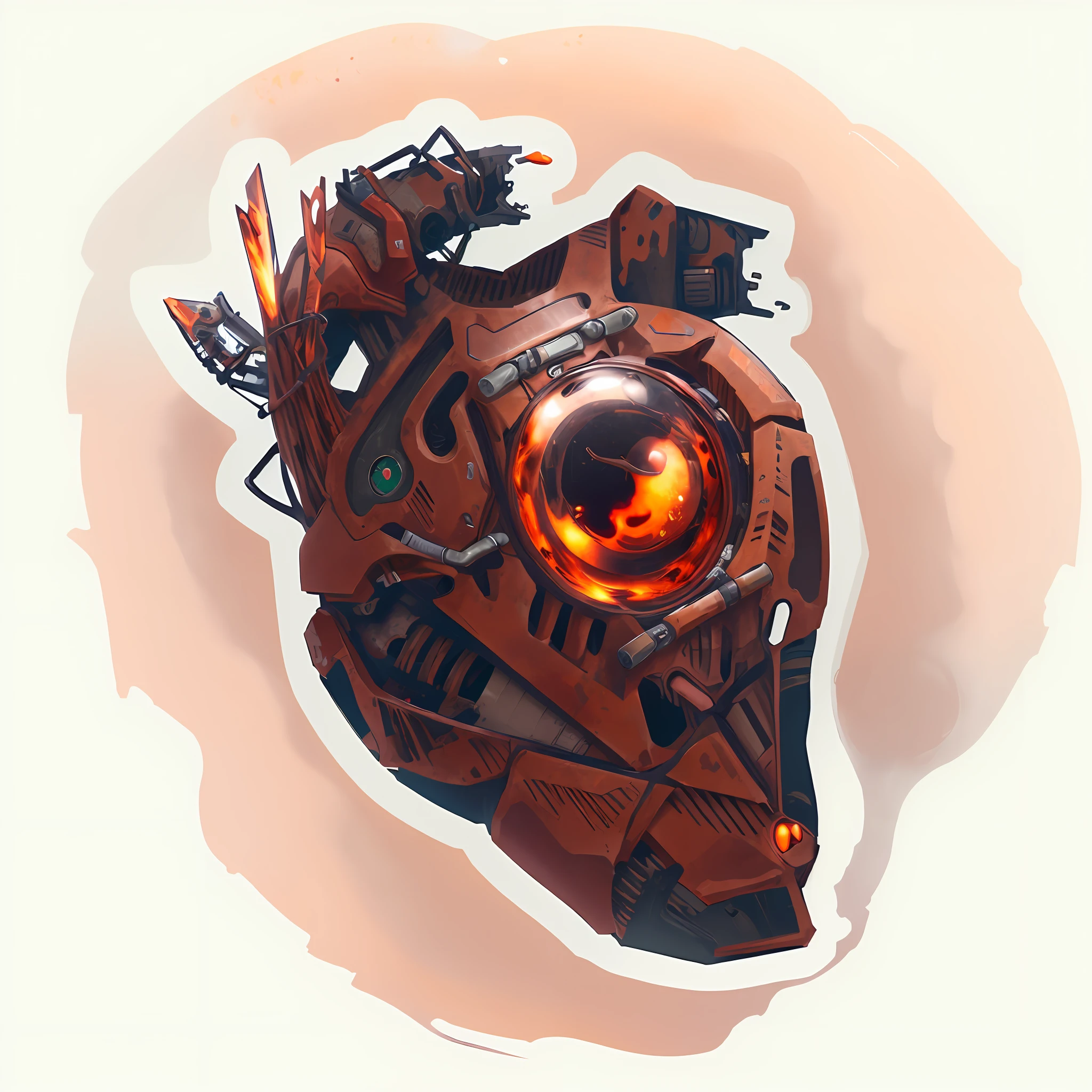 a sticker of a heart with arrows and a camera, mechanical heart in center, rusty biomechanical cyborg, anatomical heart, heartstone original art style, ((rust)), brown armor, melted cyborg, brown exoskeleton, real heart, rusty armor, lofi steampunk bioshock portrait, vector sticker, neon heart reactor, minimalist sticker, burnt armor, BioPunkAI