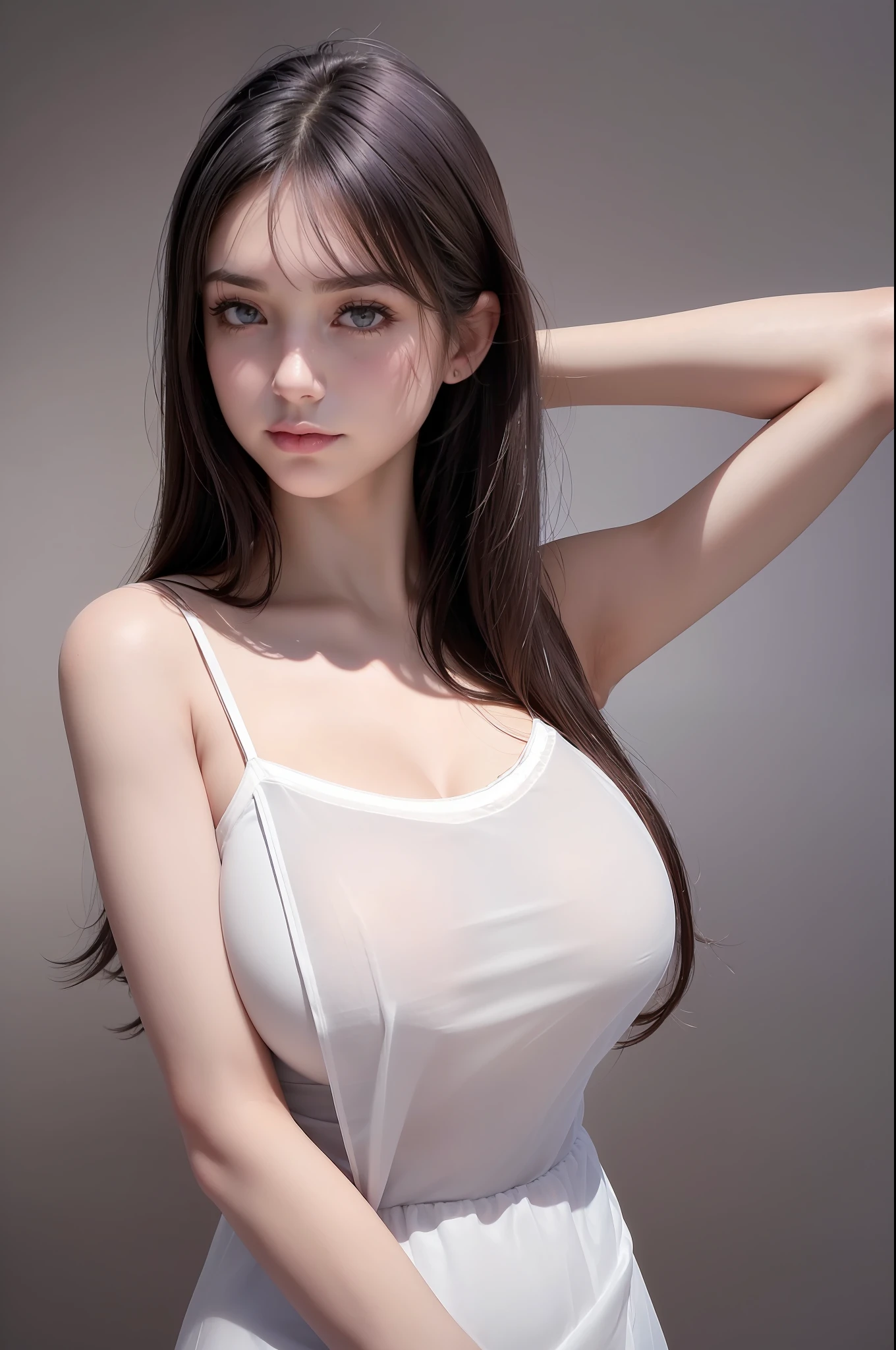 photo of a 18 y.o girl, beautiful vintage color, instagram (photorealistic, high resolution:1.4), ((puffy eyes)), looking at viewer, , full body (8k, RAW photo, best quality, masterpiece:1.2), (realistic, photo-realistic:1.37), (sharp focus:1.2), professional lighting, photon mapping, radiosity, physically-based rendering, (pale skin:1.2), (medium breasts:1.2), looking at viewer, (middle hair:1.5), portrait, purple eyes, (sliver hair:1.1), bangs, (simple background:1.4), solo, upper body, realistic, (masterpiece:1.4), (best quality:1.4), (shiny skin), fashion girl, makeup, smile(skinny, closed mouth,shy:1.3), (sheer fabric cami:1.5513), (standing:1.1), medium bust, sexy pose, {NSFW:1.2},