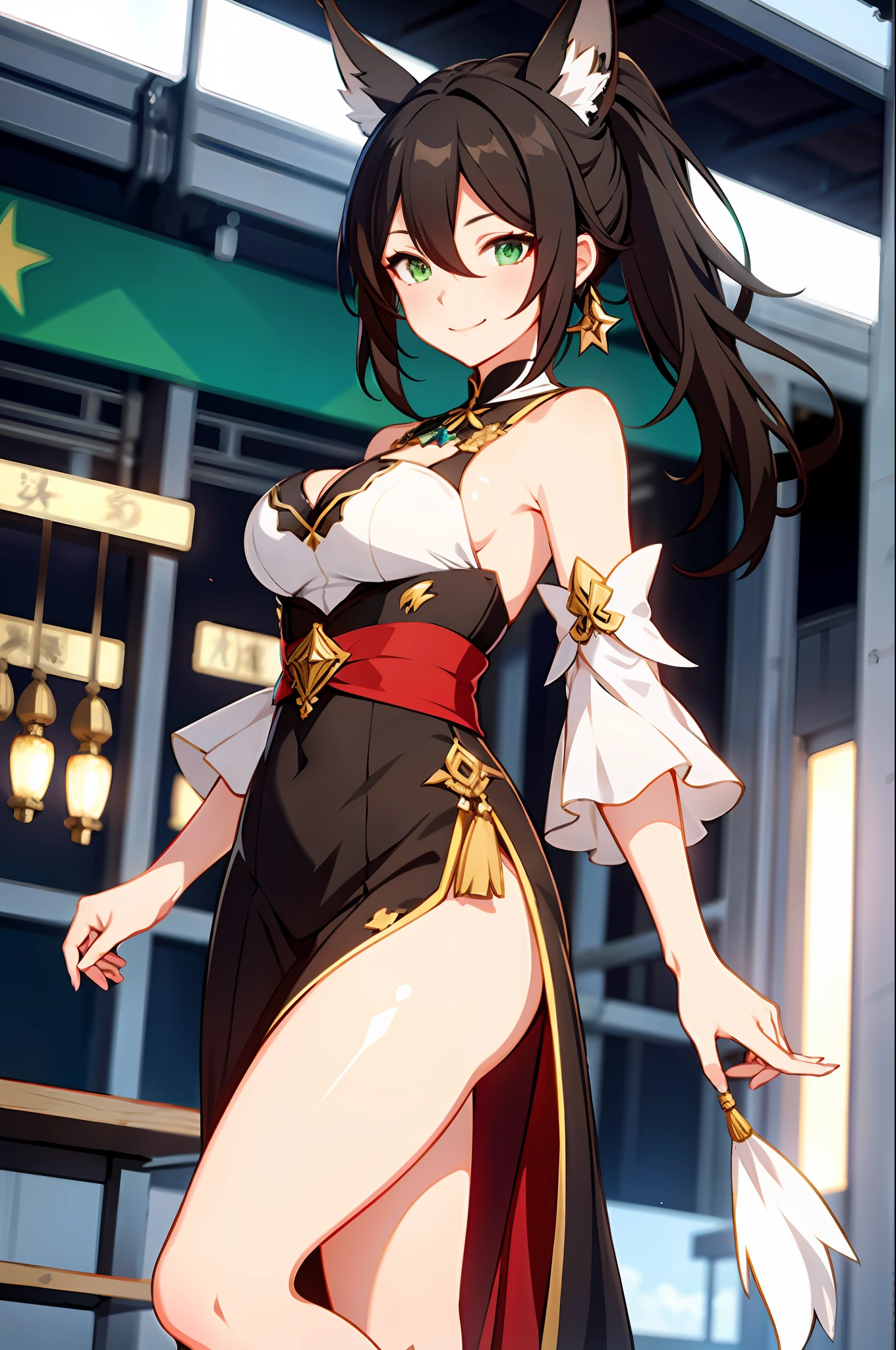 1girl, tingyun, honkai star rail, green eyes, bare shoulders, jewerly, ponytail, medium hair, brown hair, dress, large breasts, detached sleeves, standing, smile, tail