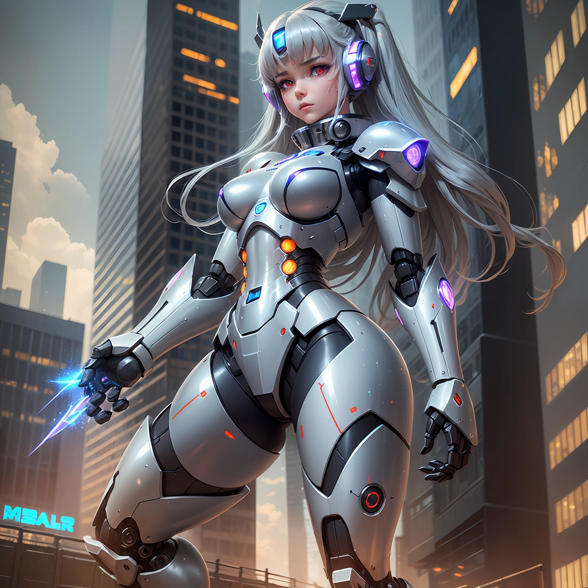 ((robot girl, mecha)), glowing eyes, armor breaking, mechanical aura, mechanical arm, gray hair, long hair, ceramic body, thigh slit, small breast, cyber background, very fine city, (translucent, reflective skin), 8k, best quality, ultra-detailed, (surrealism: 1.4), --auto --s2
