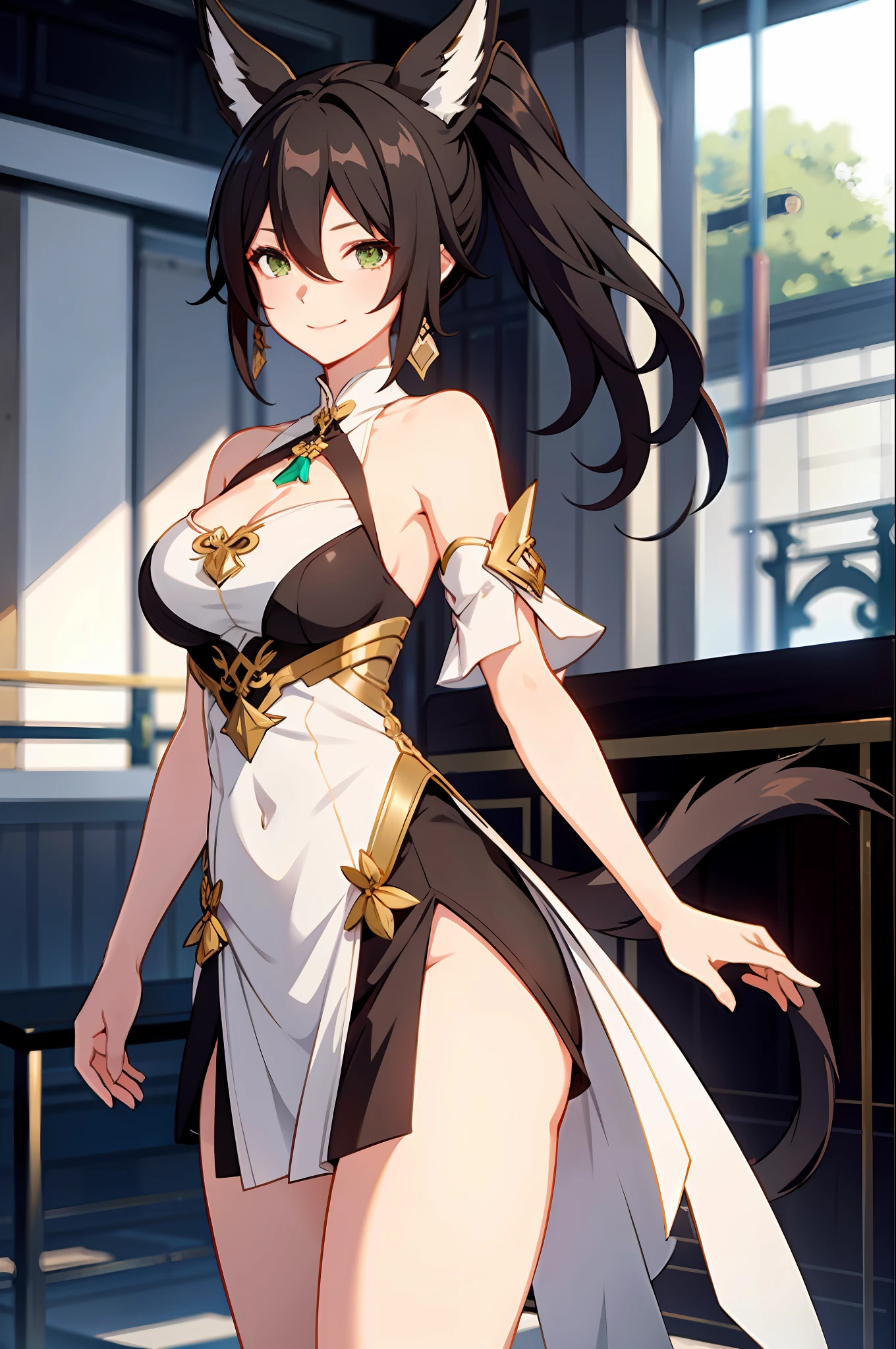 1girl, tingyun, honkai star rail, green eyes, bare shoulders, jewerly, ponytail, medium hair, brown hair, dress, large breasts, detached sleeves, standing, smile, tail