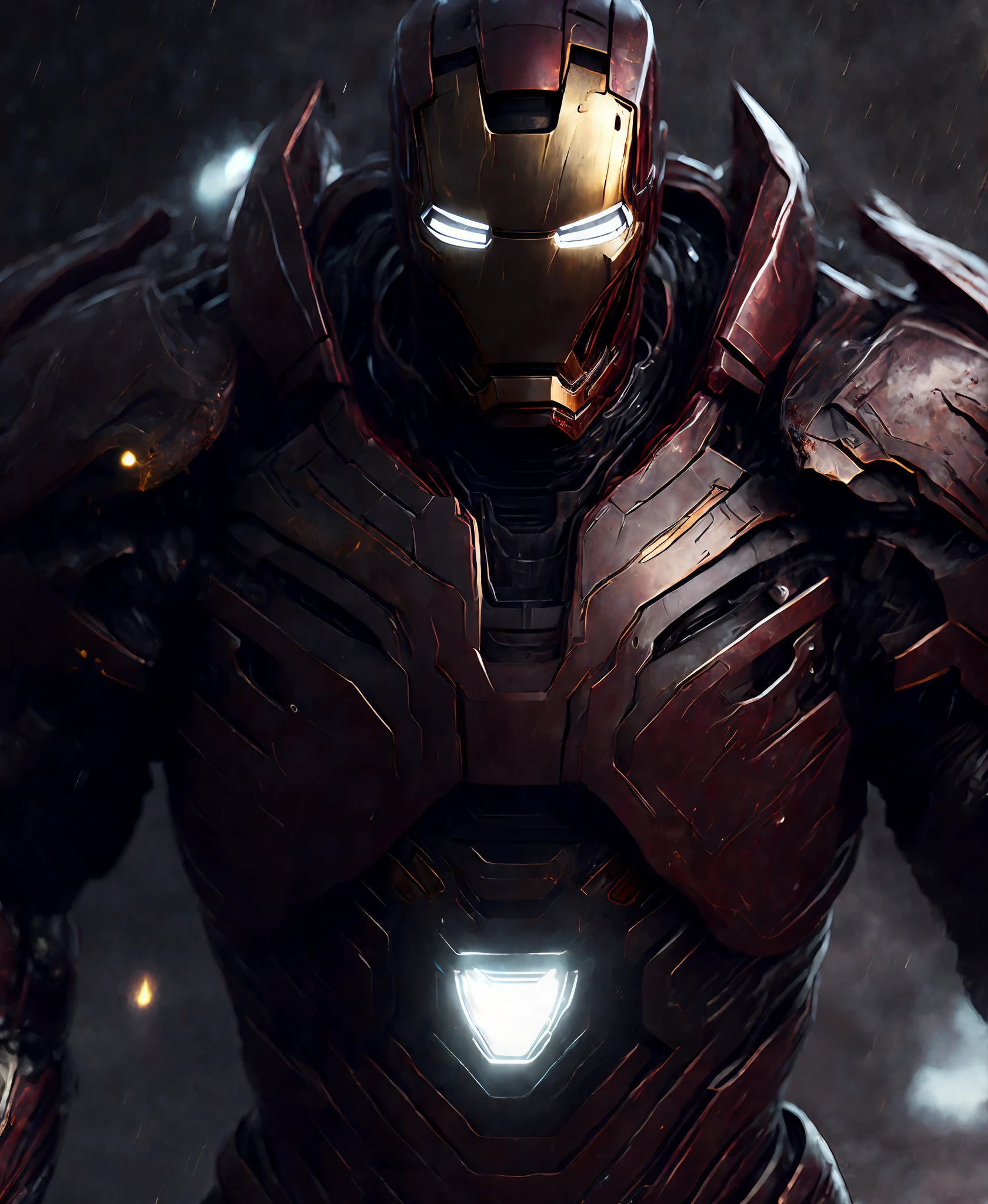 Close-up (Iron Man from Marvel in Viking style: 1.3) emerging from wet black mud, extremely detailed, smoke, sparks, metal shavings, flying debris, volumetric light