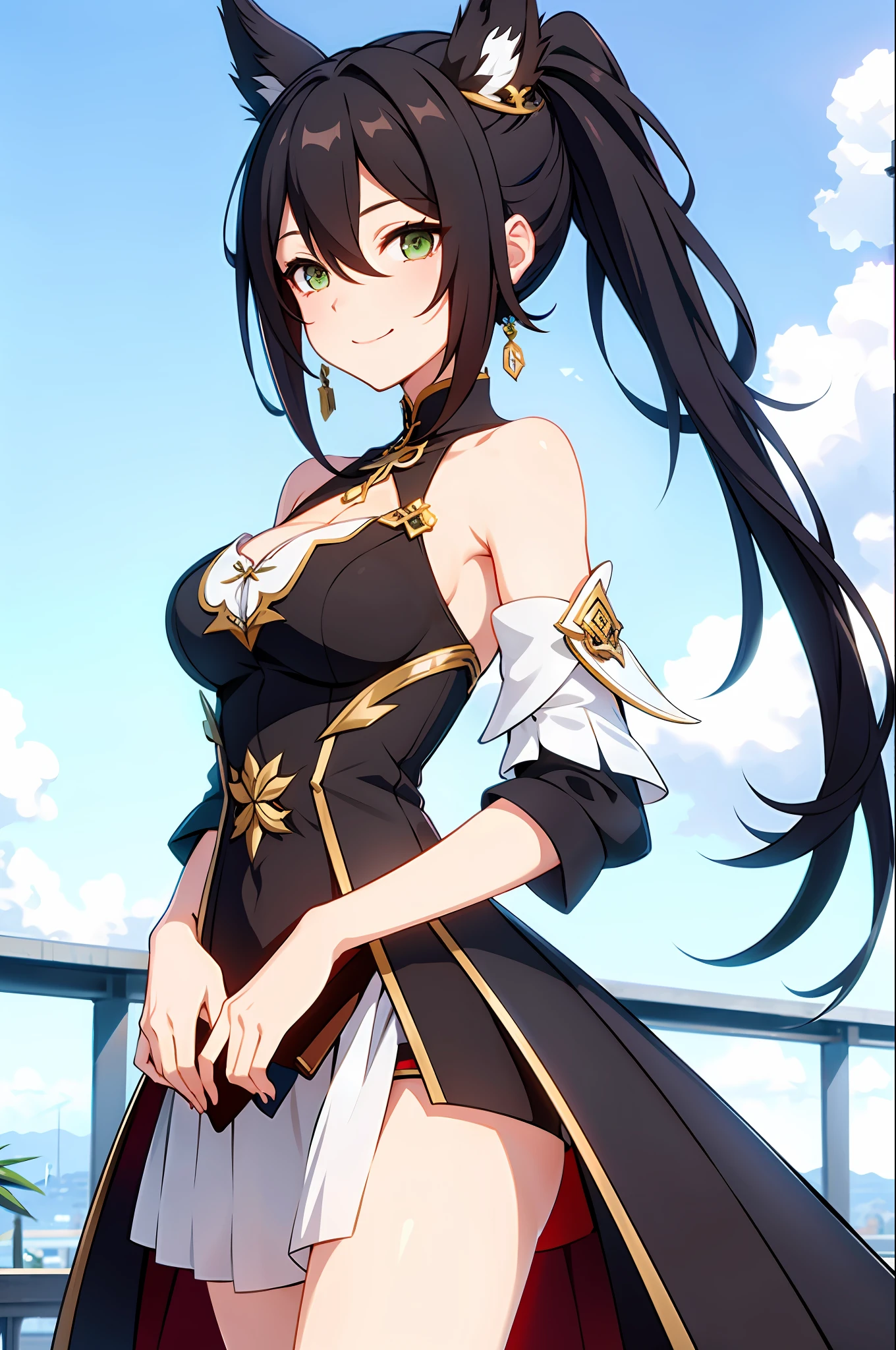 1girl, tingyun, honkai star rail, green eyes, bare shoulders, jewerly, ponytail, medium hair, brown hair, dress, large breasts, detached sleeves, standing, smile, tail