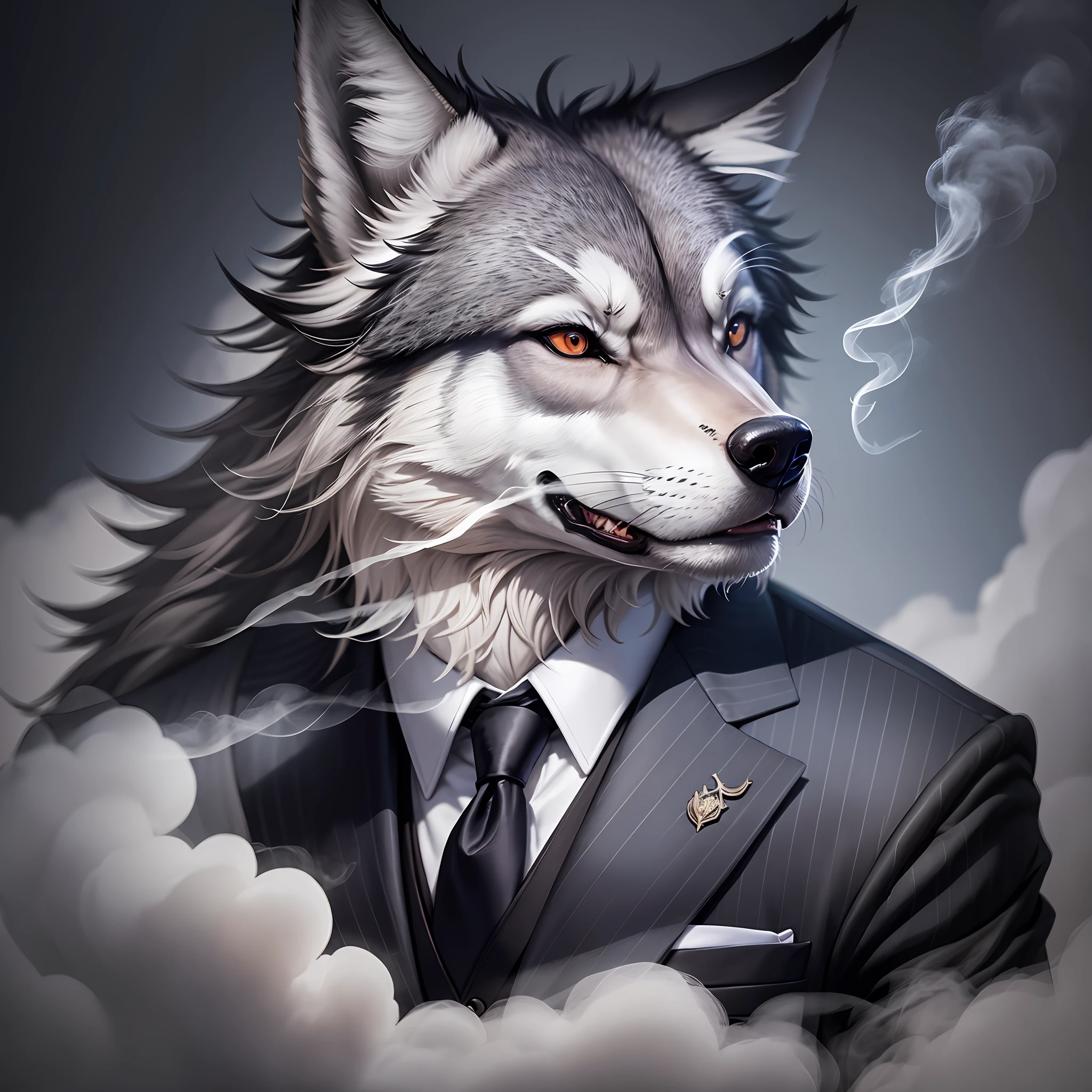 Realistic wolf with suit and tie, black background and smoke --auto --s2