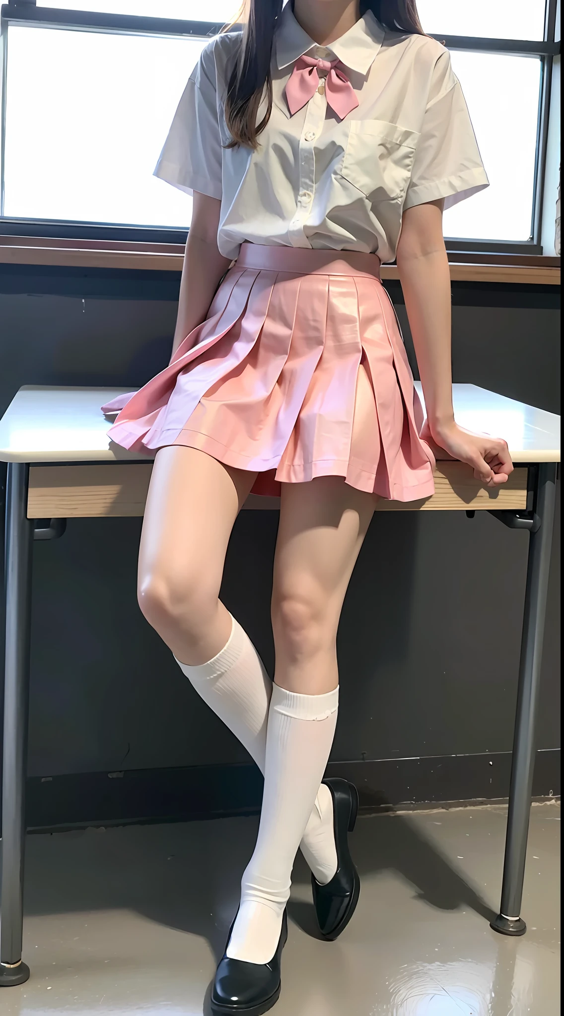 1girl, extremely beautiful face, medium chest, long hair, natural expression, (white short sleeve JK_shirt), pink JK short skirt, white socks, white knee-length socks, black small leather shoes, full body, in the classroom