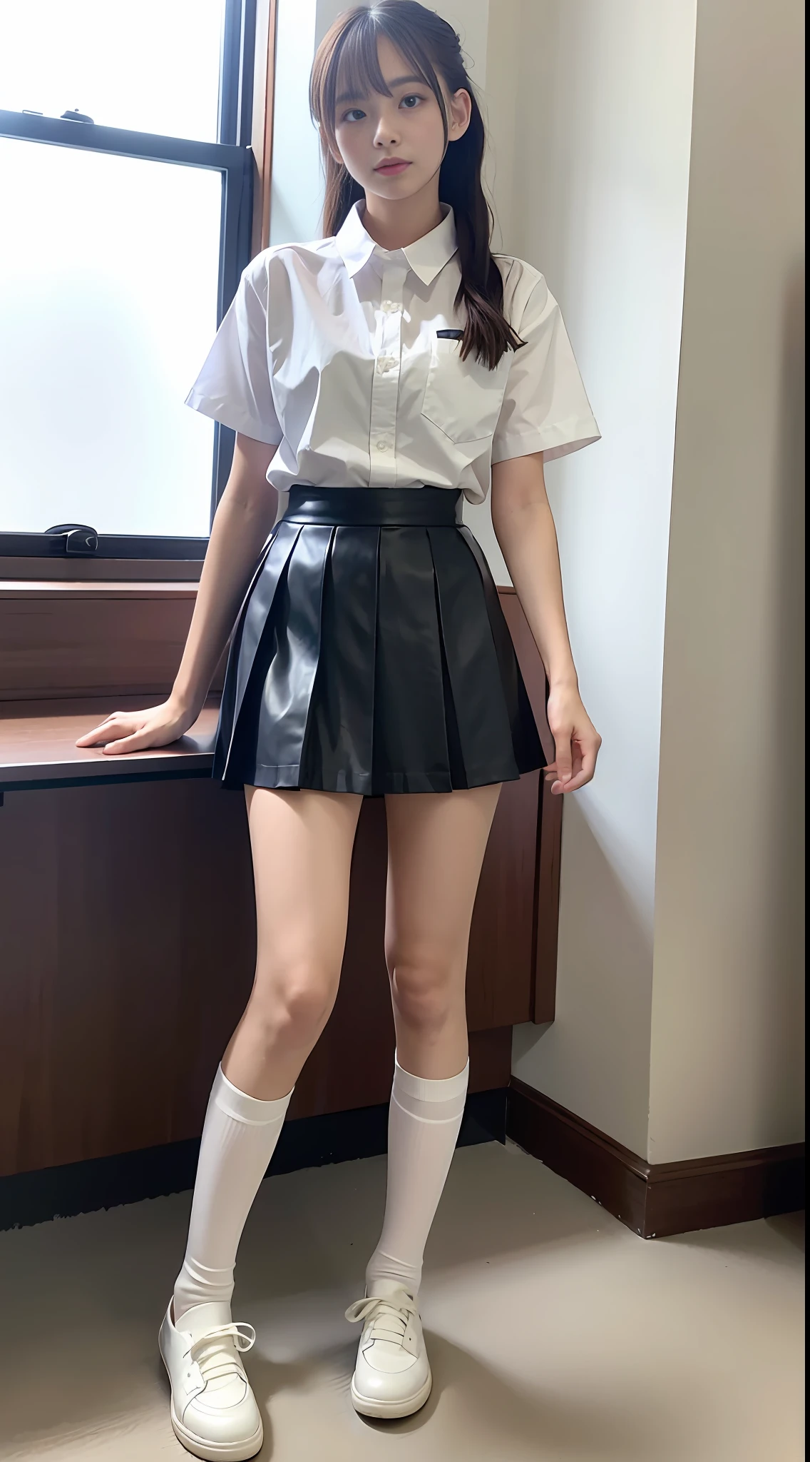 1girl, extremely beautiful face, medium chest, long hair, natural expression, (white short sleeve JK_shirt), pink JK short skirt, white socks, white knee-length socks, black small leather shoes, full body, in the classroom