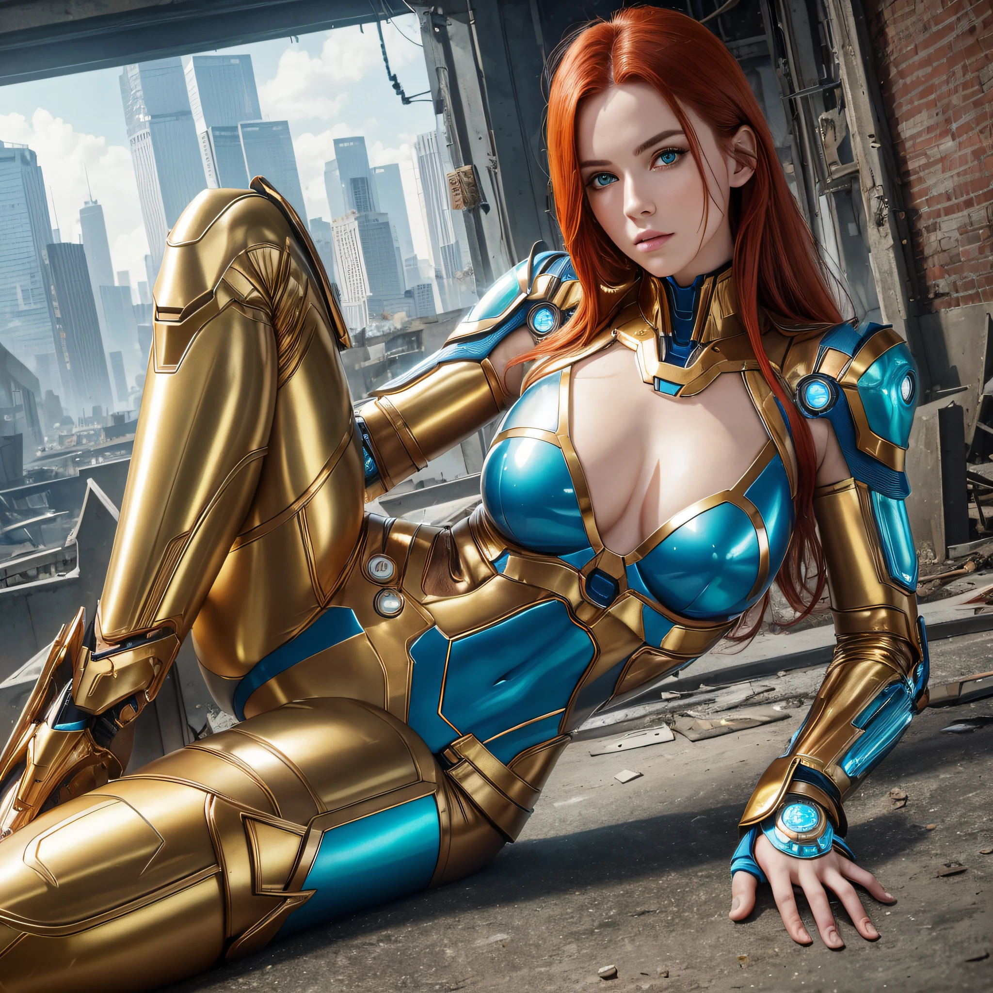 RAW, Masterpiece, Ultra Slim Photo, Best Quality, Ultra High Resolution, Photorealistic, Sunlight, Full Body Portrait, Stunningly Beautiful, Dynamic poses, Delicate face, Green eyes, Acid red hair, (side view), She is dressed in futuristic Iron Man fur, (blue and gold color scheme), highly detailed abandoned warehouse background, detailed face, detailed and complex occupied background, dirty, gorgeous, milky white, highly detailed leather, realistic skin details, visible pores, sharp focus, volumetric mist, 8K UHD, DSLR camera, high quality, film grain, fair skin, photorealism, lomography, sprawling metropolis in a futuristic dystopia, bottom view, translucent --auto --s2