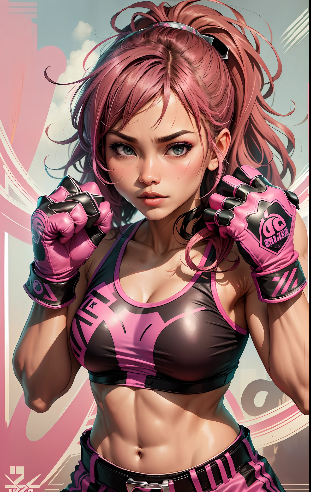 Logo with name Ellas Muay Thai, aggressive style, colors pink black white, pair of pink gloves --auto --s2