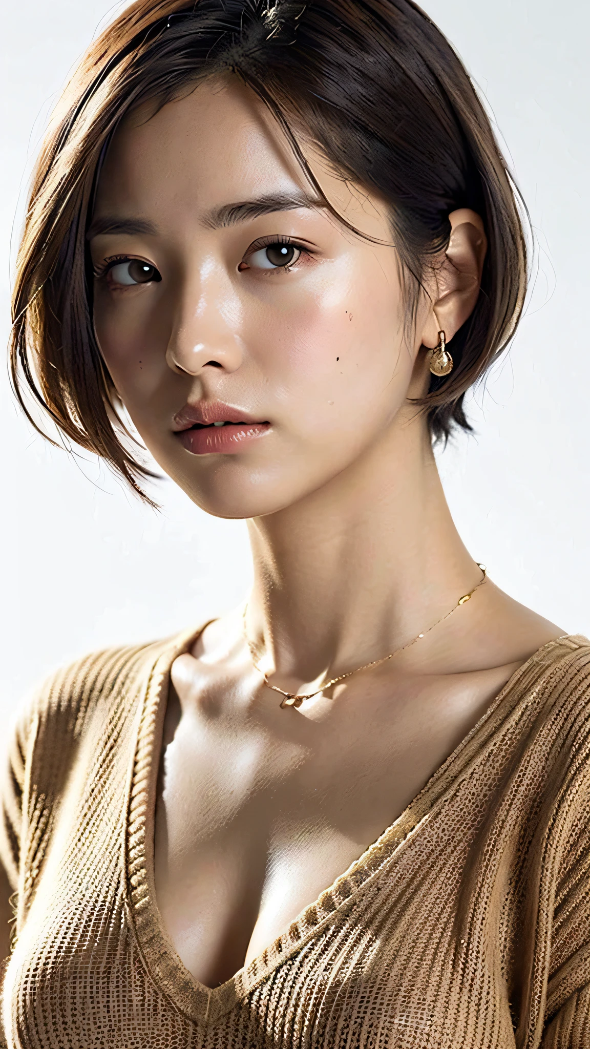 (Best quality, 8k, 32k, Masterpiece, UHD:1.2),Photo of Pretty Japanese woman, large breasts, very short bob hair,upper body,face focus,oversized_sweater, necklace, simple background, from above, looking at viewer,