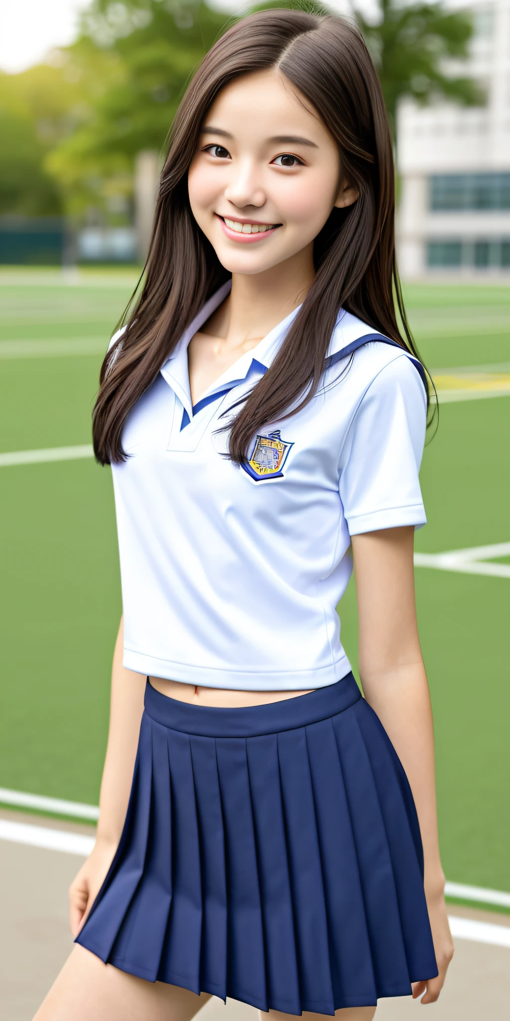 neat college girl, petite, (school uniform, summer clothes), outside the athletic field, (slim), photorealistic, detail, skin texture, super detail, delicate and sexy collarbone, smile, super detailed face, detailed lips, detailed eyes, double eyelids, small breasts, small breasts, small, small, flat chest
