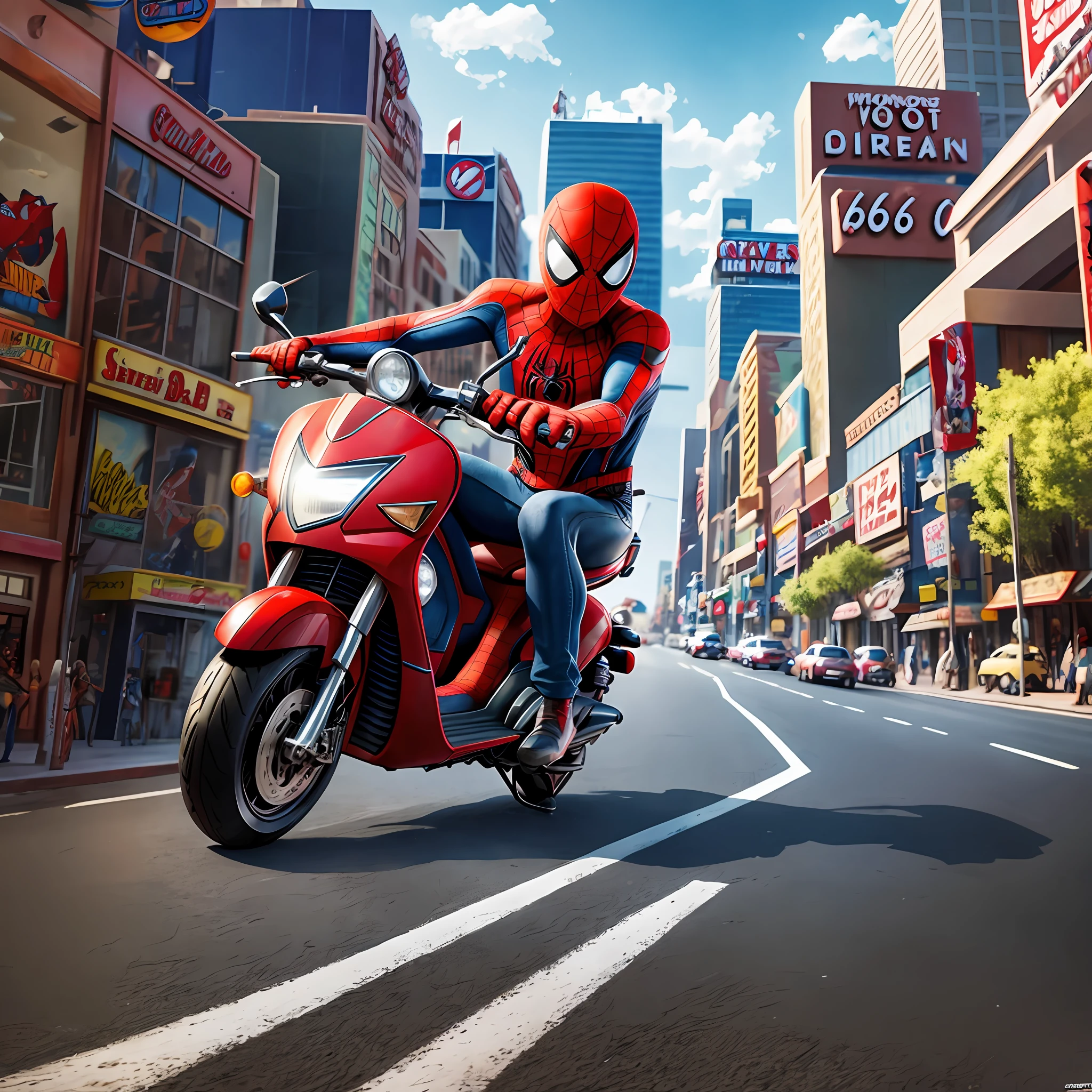 Spider-Man piloting a scooter on Route 66, detailed and enhanced 4K image in Photoshop, pure art