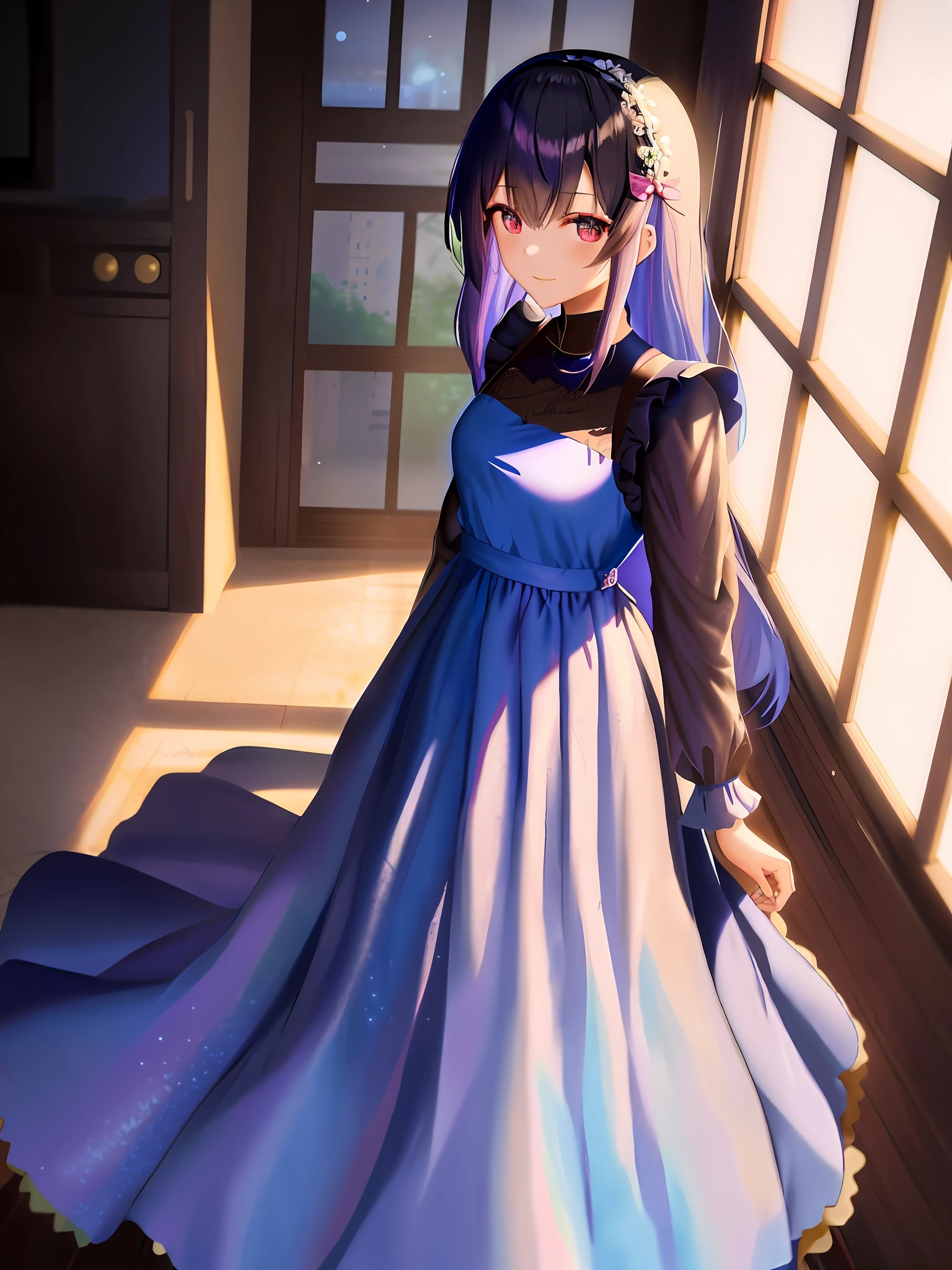 anime girl in a blue dress posing in front of a window, cute anime waifu in a nice dress, loli in dress, anime girl in a maid costume, beautiful anime girl, anime moe artstyle, anime girl wearing a black dress, beautiful anime woman, attractive anime girl, (anime girl), seductive anime girl, ”beautiful anime woman, cute anime girl
