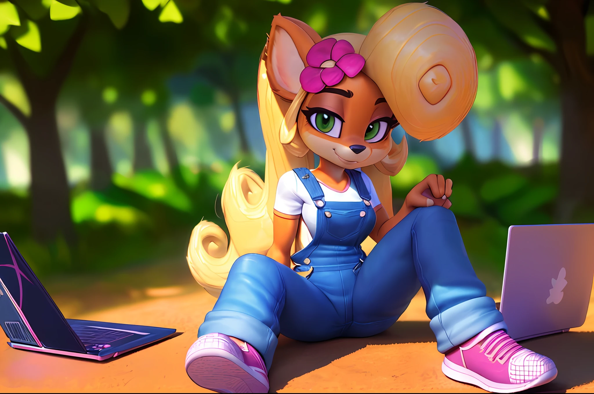 [Coco bandicoot], [Uploaded to e621.net; (Pixelsketcher), (wamudraws)], ((masterpiece)), ((solo portrait)), ((1girl)), ((raw photo)), ((furry; anthro)), ((detailed fur)), ((raytracing)), ((detailed shading)), ((beautiful 3D art)), {anthro; (orange fur, black nose, pointed ears), cute green eyes, blonde hair, curly ponytail, happy smile, (white shirt, small boobs, blue denim overalls), (pink flower in hair), pink sneakers}, ((sitting; crisscross, laptop in lap) attractive pose), [background; flower plains; (trees, sun rays through trees)]