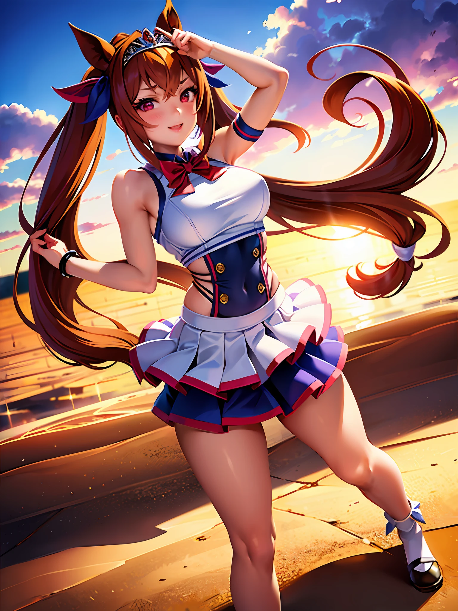 1 Girl, Solo, (Best Quality), (Masterpiece: 1.1), Full Body, looking_at_viewer, Dynamic Angle, Swimsuit, Cute, Transparent Face Skin, (Daiwa Scarlet (umamusume)), Uma Musume, Animal Ears, Bangs, Twin Tails, Blush, Brown hair, Red Eyes, Red Eyes, Eyebrows Hidden in Hair, Hair Between the Eyes, Tiara, Hair Ornament, Hair Ribbon, Horse Ears, horse girl, horse tail, long hair, masterpiece, best quality, hi-res