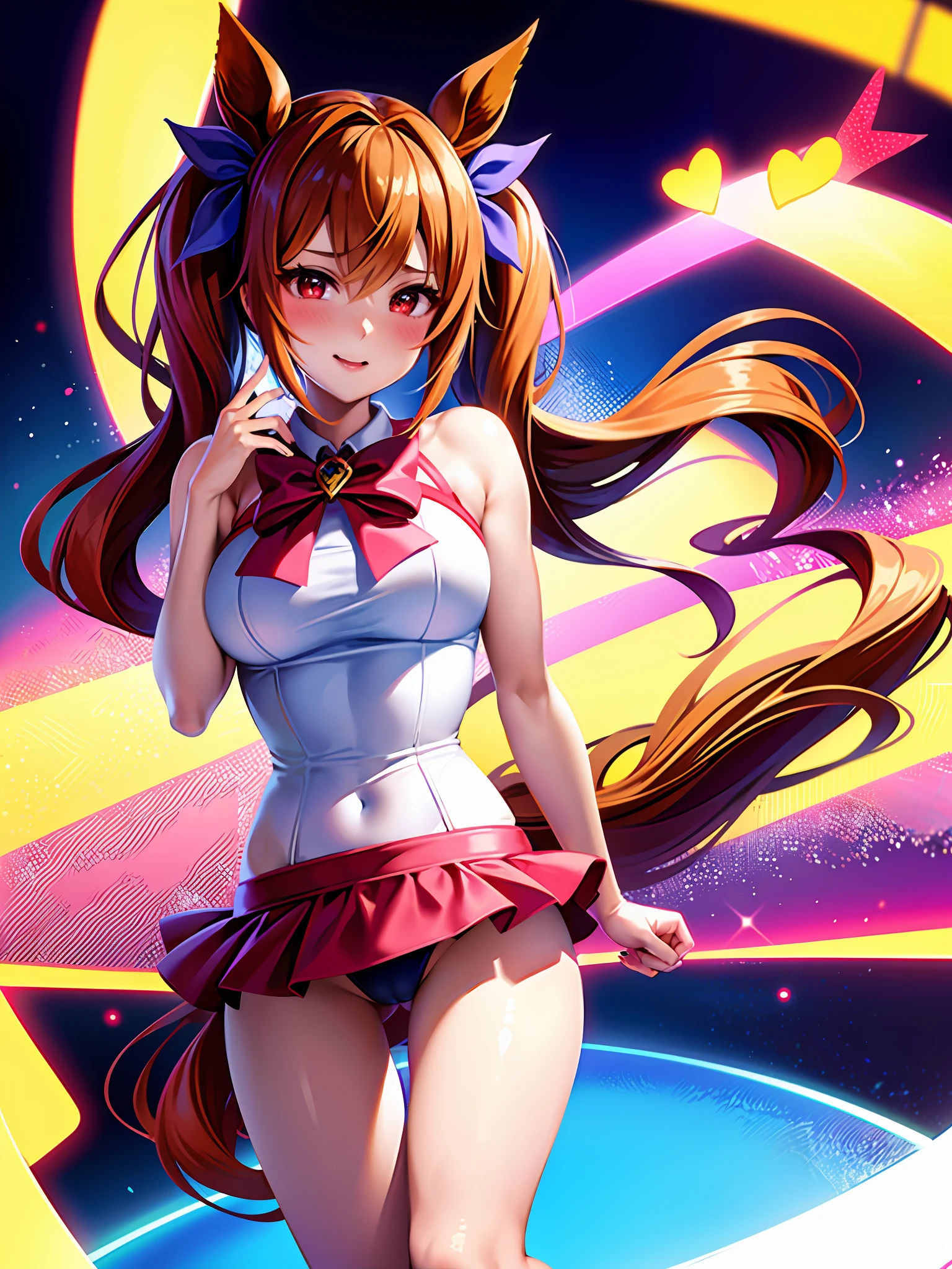 1 Girl, Solo, (Best Quality), (Masterpiece: 1.1), Full Body, looking_at_viewer, Dynamic Angle, Swimsuit, Cute, Transparent Face Skin, (Daiwa Scarlet (umamusume)), Uma Musume, Animal Ears, Bangs, Twin Tails, Blush, Brown hair, Red Eyes, Red Eyes, Eyebrows Hidden in Hair, Hair Between the Eyes, Tiara, Hair Ornament, Hair Ribbon, Horse Ears, horse girl, horse tail, long hair, masterpiece, best quality, hi-res