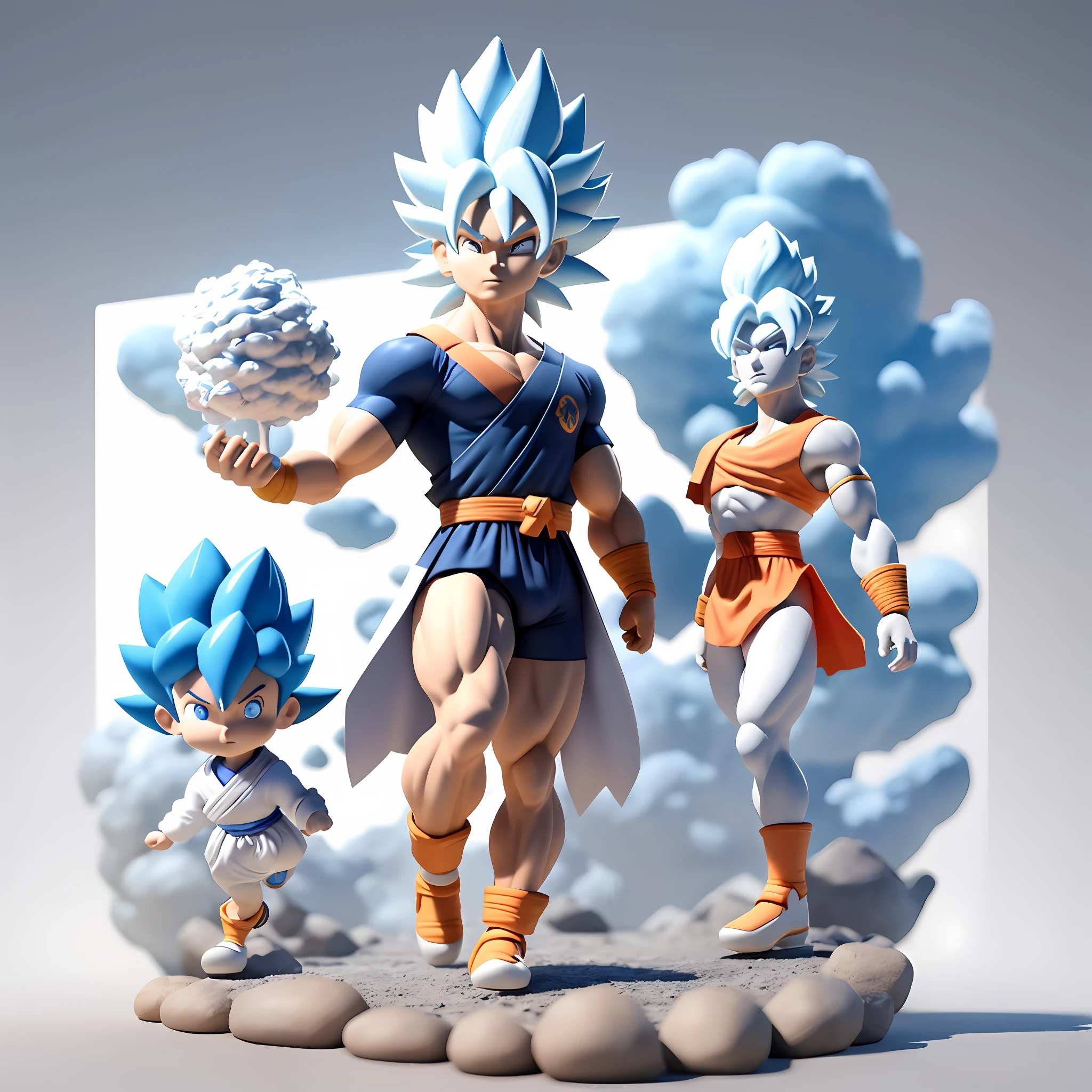 Goku, super saiyan, exquisite hair, arm depiction, white and blue hair body, exquisite shoes, facial features depiction, exquisite facial features, eye depiction, exquisite hair, popmart blind box, clay texture, stepping on the ground, black and white background, natural light, best quality, ultra detail, 3d art, c4d, oc renderer, 3d render, 8k