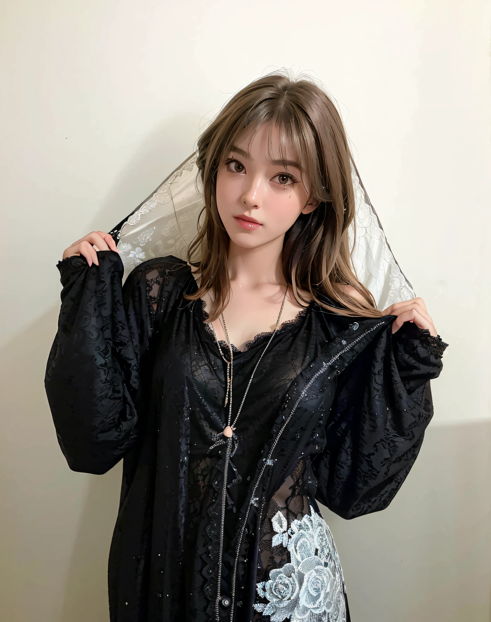 Best quality, masterpiece, ultra high res, (photorealistic:1.4), raw photo, 1girl, ((black lace nightgown)), ((small breast)), cold light