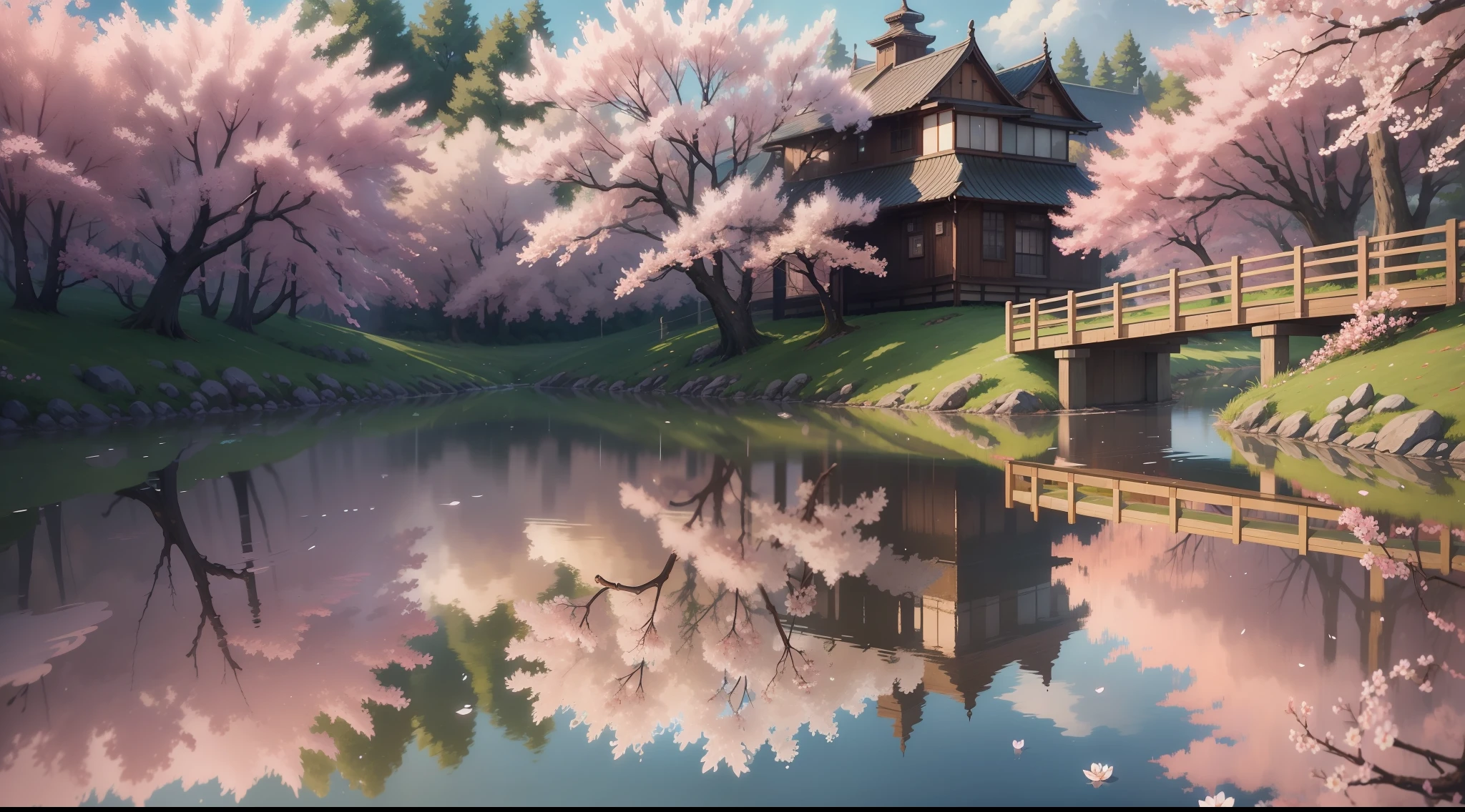 Ultra-fine CG illustration, beautiful and unpopular art style, flower theme, high level of detail, full of color, reflected in the water, under the cherry blossom trees, drizzling