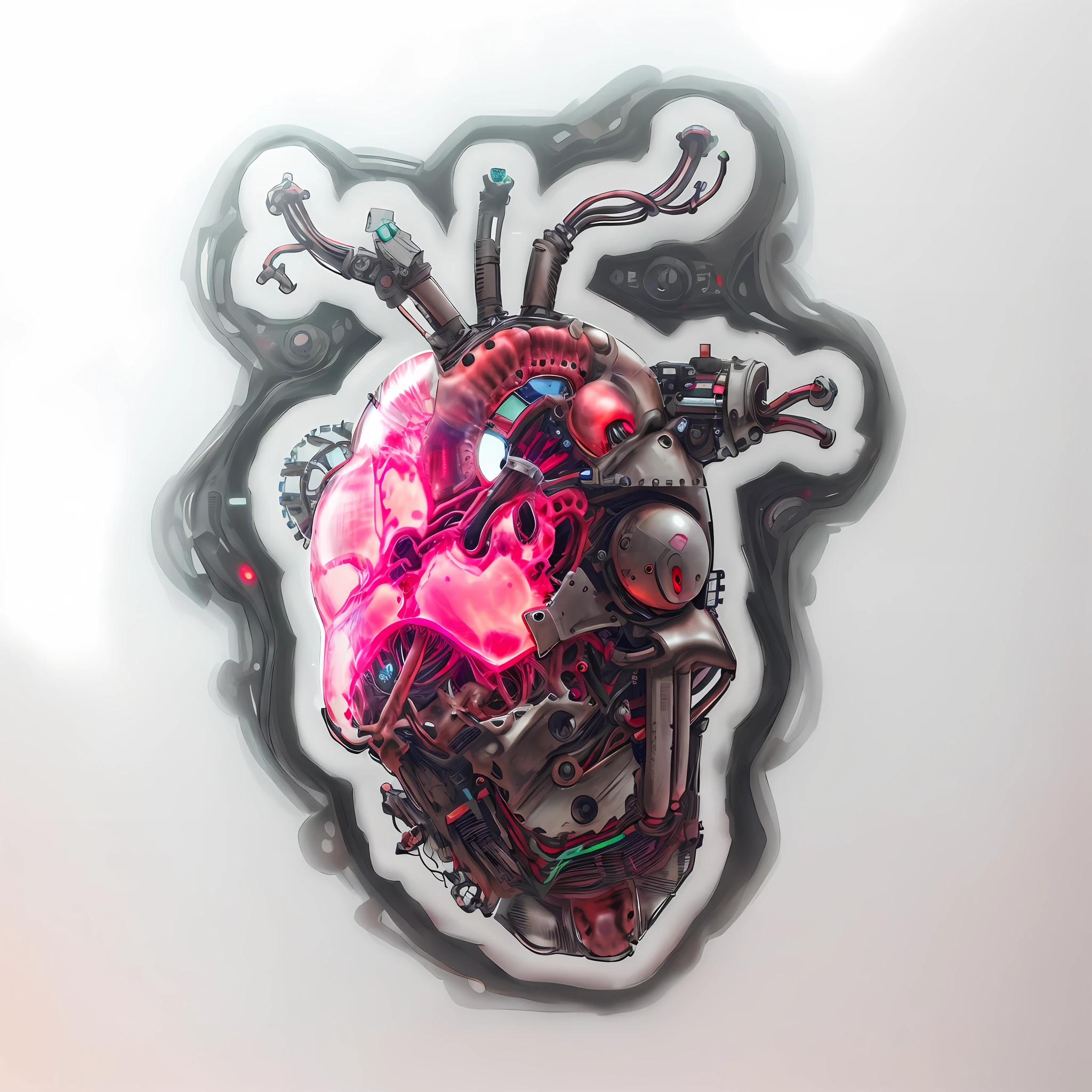 a black and white drawing of a heart with a machine inside, mechanical heart in center, connected to heart machines, neon heart reactor, mechanical demon, mechanical cyborg, anatomical heart, high quality steampunk art, my heart is human, anthropomorphic machine, sticker illustration, portrait of a cyberpunk machine, mechanical form of life, anatomically correct heart, BioPunkAI