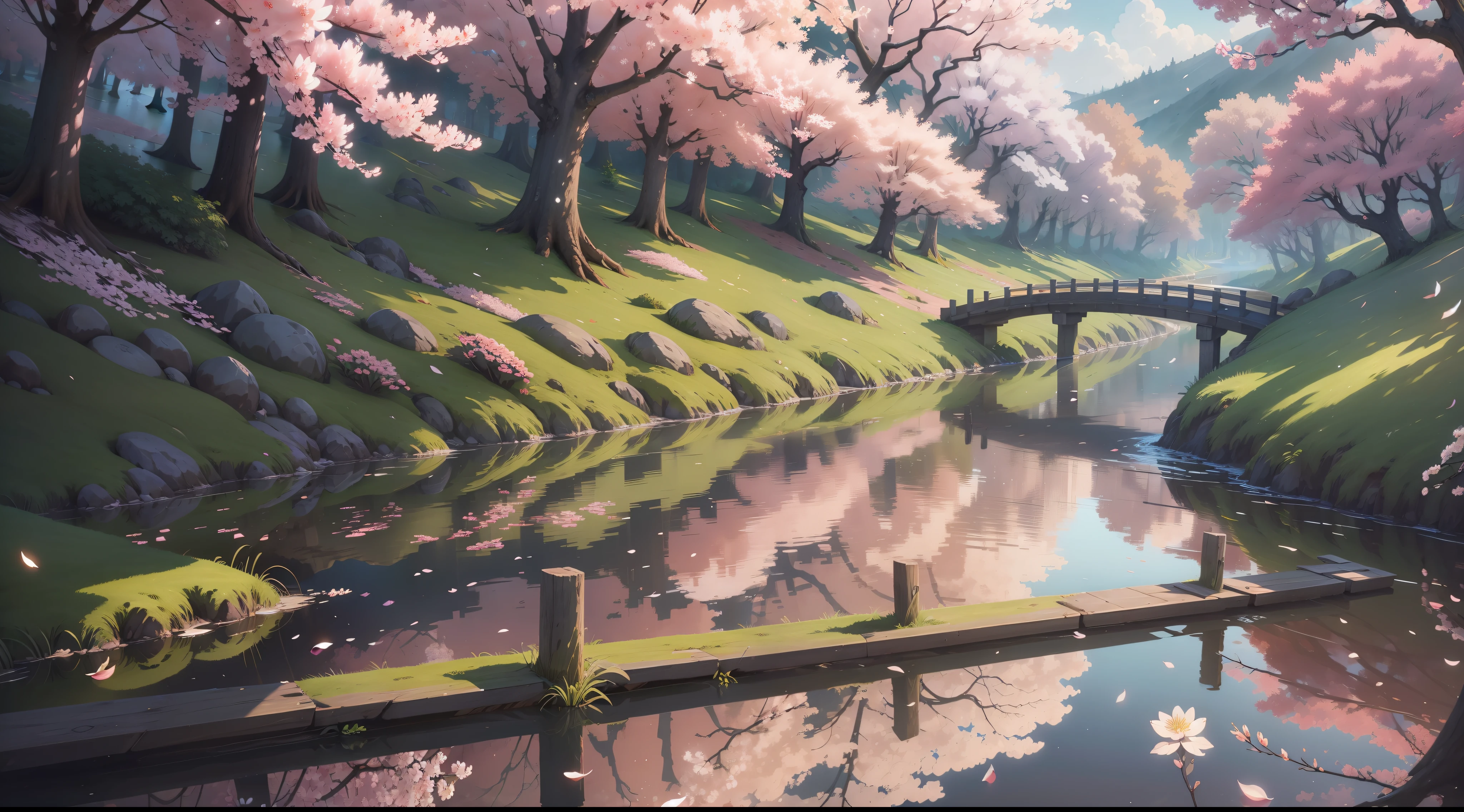 Ultra-fine CG illustration, beautiful and unpopular art style, flower theme, high level of detail, full of color, reflected in the water, under the cherry blossom trees, drizzling
