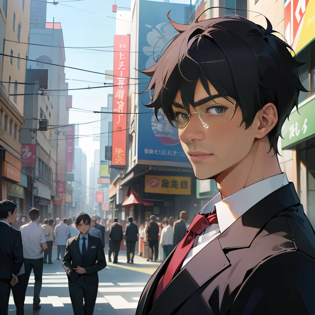 masterpiece, best quality, hi-res, anime coloring page, man in his 40s, short-haired, asian, handsome man in suit leaning on chin looking at camera, anime, anime style, up close, from the side, first person perspective, masterpiece