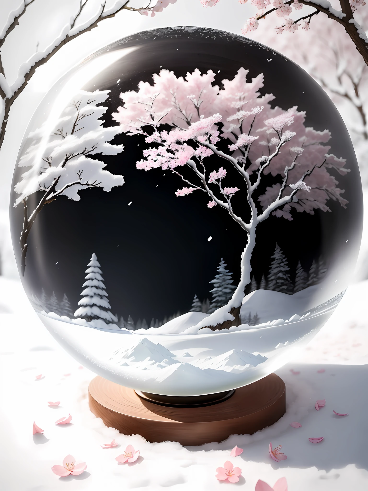 Gorgeous and amazing natural depth-of-field photo blooming beautifully in snow, transparent petals, clear petals, fog, beautiful scene, artistic, stunning, hyper-realism, 16K high resolution, Unreal Engine, soft light, (cherry blossom tree trapped in crystal sphere and hot spring: 1.2), (special sharp focus: 1.4), backlight,