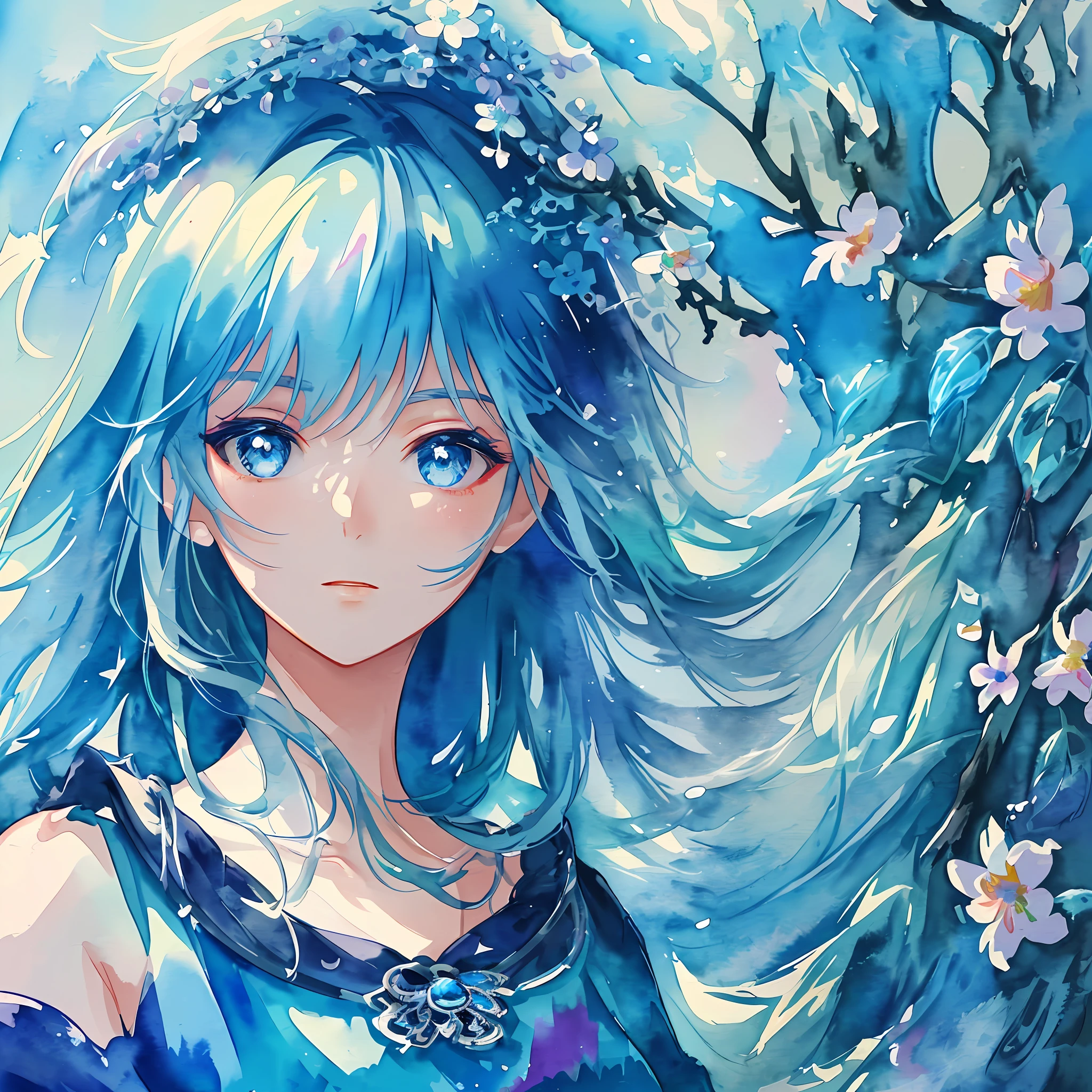 (best quality),(masterpiece:1.2), (colorful:0.9), (ink splashing),(color splashing),((watercolor)), clear sharp focus, model shot,
(portrait goddess of spring:1.5), cute expression,elegant blue colored hair, beautyfull detailed face and eyes, elegant goddess clothing, spring forest background,
colorwater