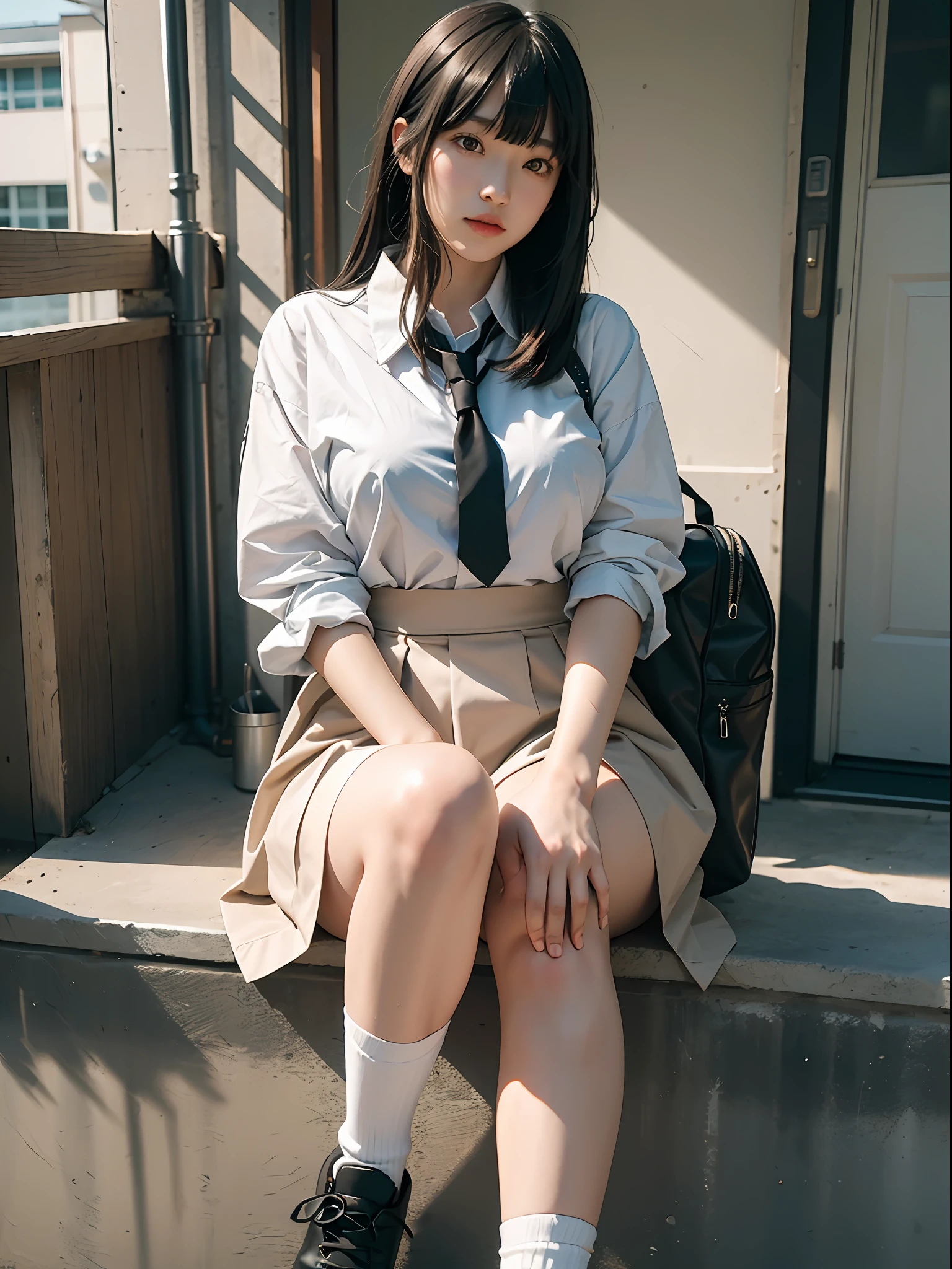 Photograph of a young Japanese schoolgirl wearing school uniform, socks and school shoes, full body, perfect body beauty: 1.4, ((long black fringe-cut and bangs hair)), (Big breasts: 1.3)((Realistic lighting, Best quality, 8K, Masterpiece: 1.3)), Clear focus: 1.2 (Outdoor, night: 1.2), City streets, ultra-fine face, fine eyes