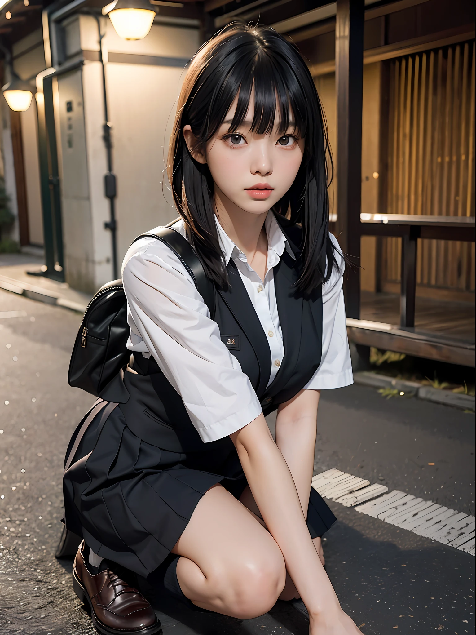 Photograph of a young Japanese schoolgirl wearing school uniform, socks and school shoes, full body, perfect body beauty: 1.4, ((long black fringe-cut and bangs hair)), (Big breasts: 1.3)((Realistic lighting, Best quality, 8K, Masterpiece: 1.3)), Clear focus: 1.2 (Outdoor, night: 1.2), City streets, ultra-fine face, fine eyes