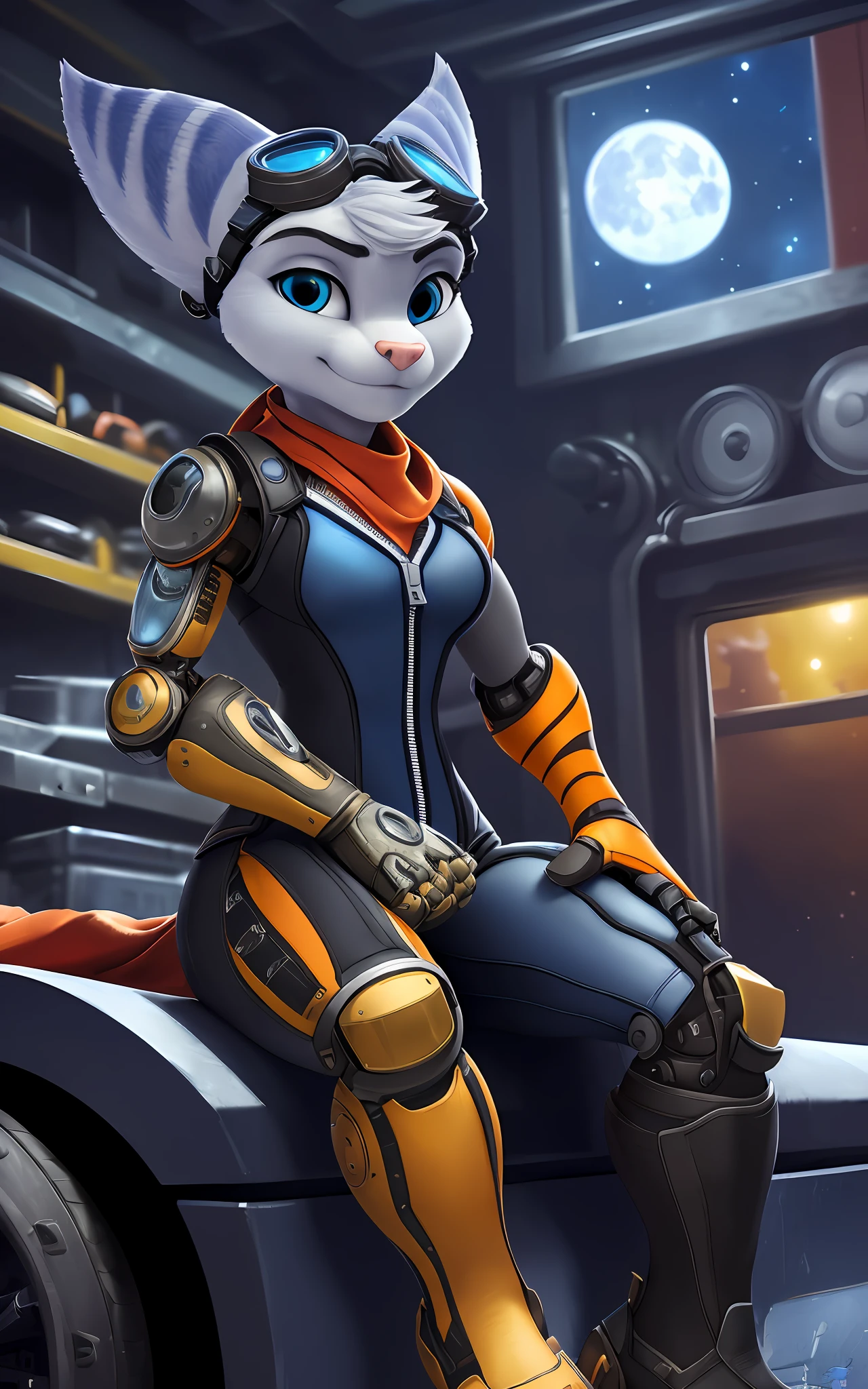 [rivet from Dreamworks ratchet and clank], [Uploaded to e621.net; (mayosplash), (Pixelsketcher)], ((masterpiece)), ((solo portrait)), ((1girl)), ((raw photo)), ((full body)), ((furry; antrhopromorphic)), ((detailed fur)), ((raytracing; reflective surfaces)), ((detailed shading)), ((beautiful render art)), ((cel shading)), ((nighttime lighting)), {anthro lombax; (grey fur, pink nose, pointed ears), round blue eyes, seductive gaze), (grey and blue skintight zip-up suit; grey lining, orange scarf, goggles on head), small boobs, curvaceous thin hips), (prosthetic arm; RIGHT arm, yellow robot arm)}, ((sitting; crisscross, hands in lap), attractive pose), [background; ((mechanic shop; gears and machinery), starry night sky, full moon)]
