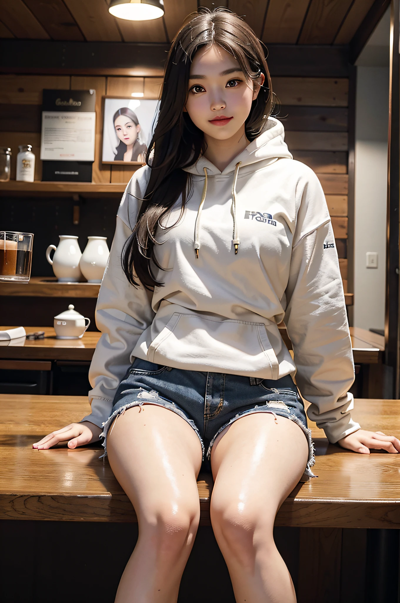 1girl, white skin, asia, mature, long hair, thick eyebrows, opposite eyes, smile, hoodie, shorts, stockings, well-proportioned figure, small waist, widest thighs, wide thigh gap, one hip forward, sitting, spread legs, in a coffee shop, taken from below, 8k, realistic photo, room