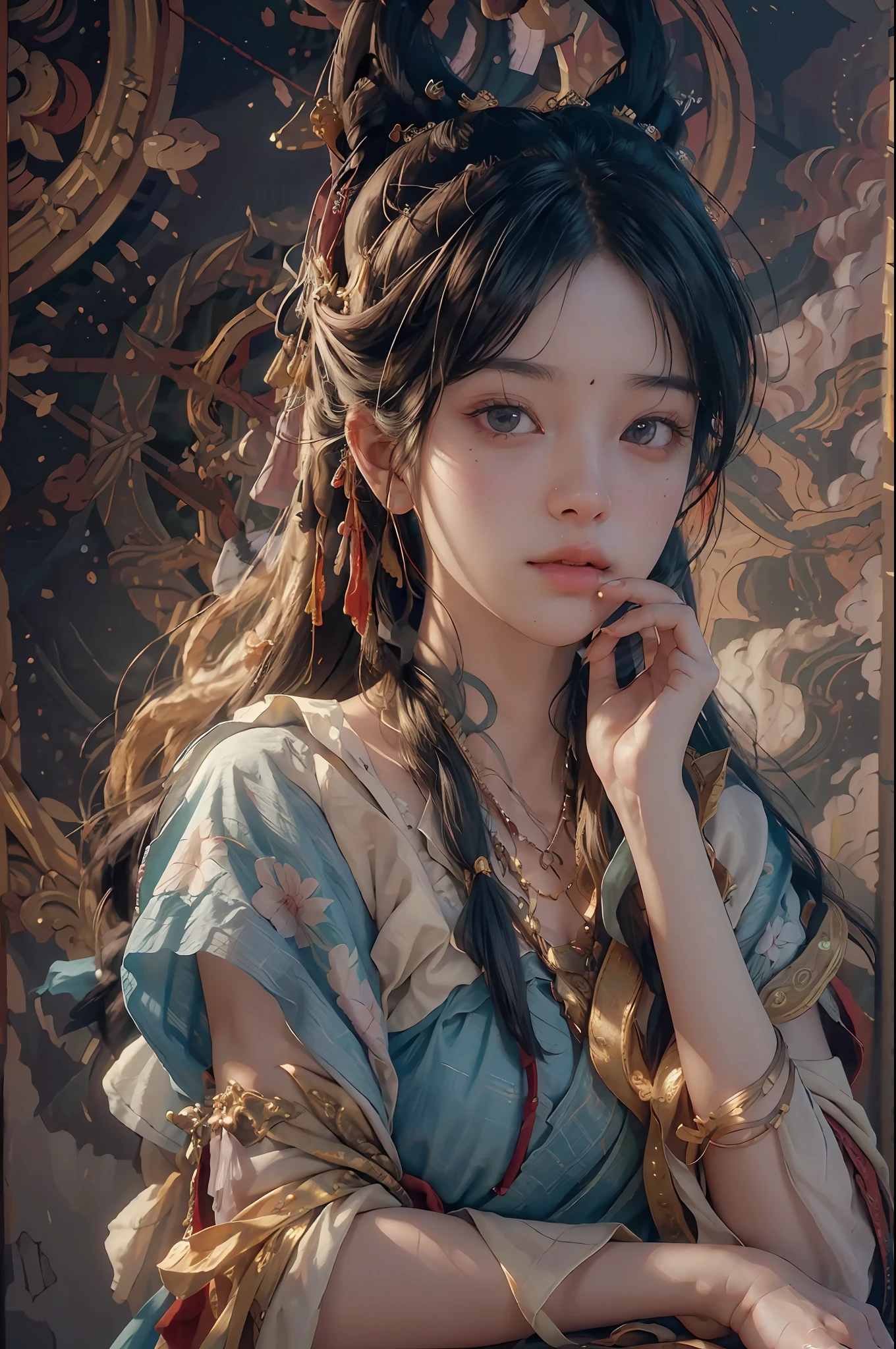 (RAW photo, best quality), (realistic, photo-realistic:1.3),best quality,highly detailed,masterpiece,ultra-detailed,illustration,1girl,upper_body,dynamic angle,world masterpiece theater,messy_long_hair,best quality,extremely detailed CG unity 8k wallpaper,ink,Amazing,cinematic lighting,lens_flare, dunhuang_style