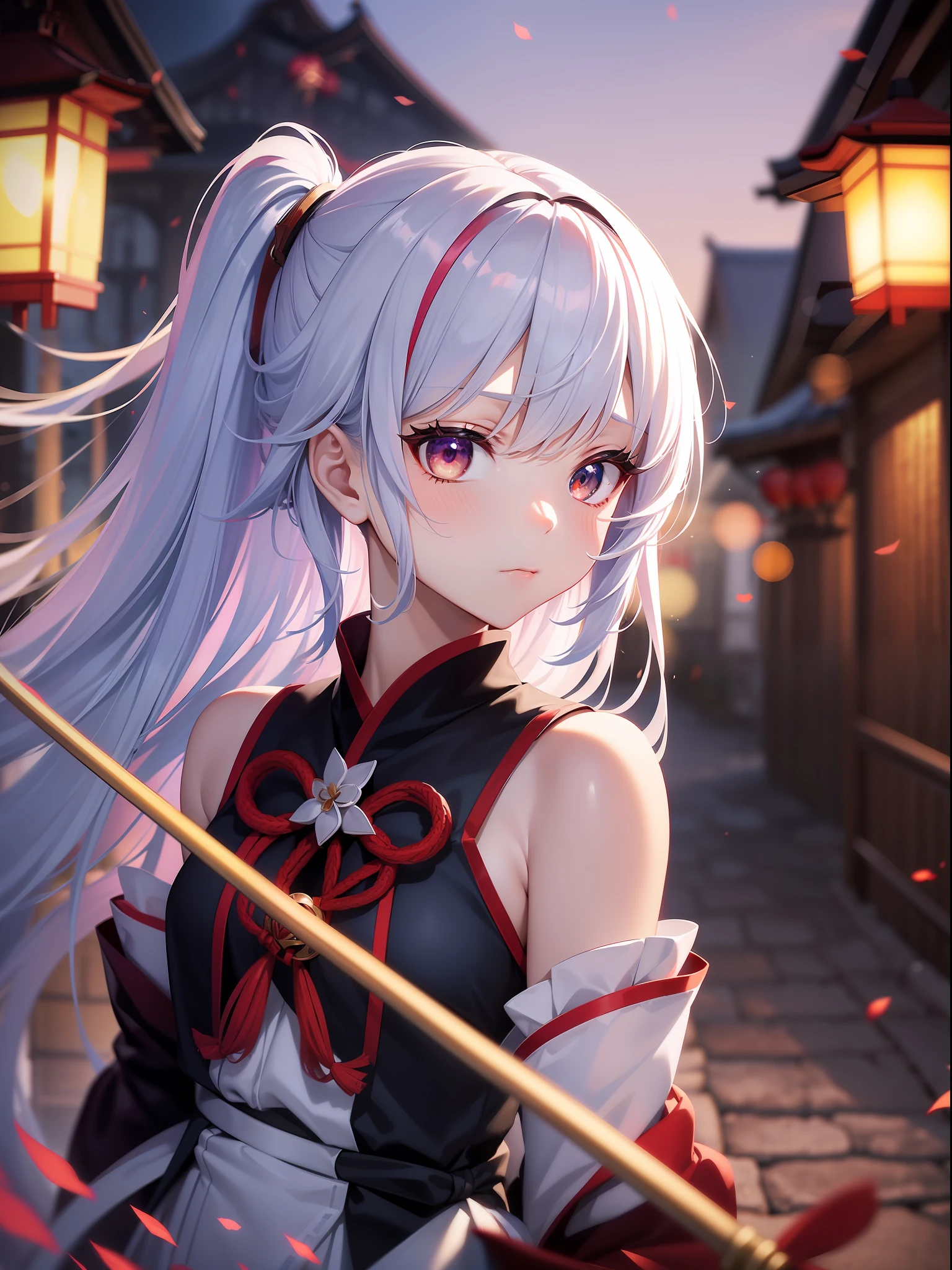 1ager girl, nontraditional miko, arms behind back, shrine, wind blow, dark night, shrine is on fire, gradient hair, white hair, blue hair, long hair, eye reflection, disdain, ray tracing, reflection light, blurry, glowing light, depth of field, chiaroscuro, stereogram, zoom layer, cowboy shot, f/2.8, bokeh, masterpiece, best quality, high quality, HD