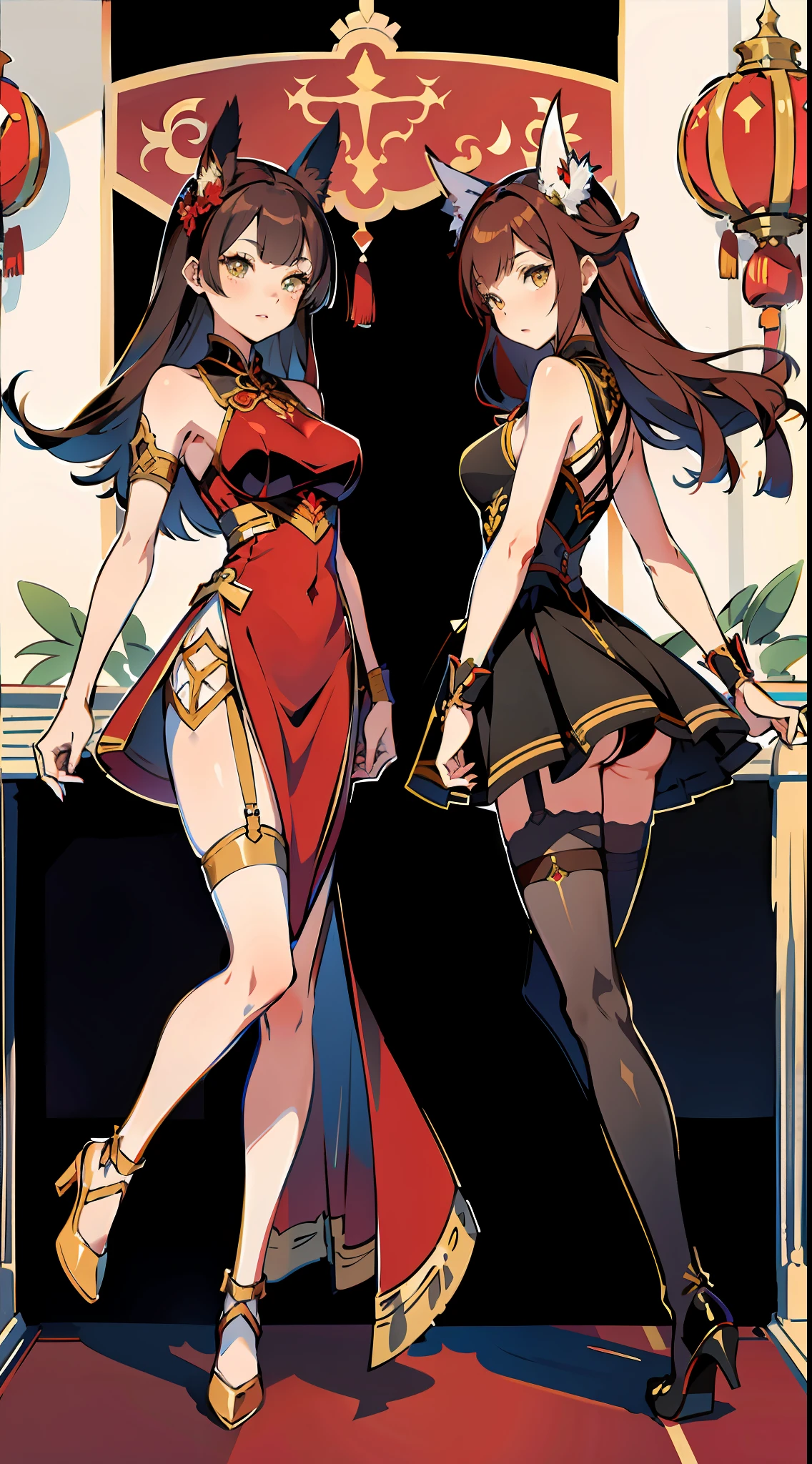 absurd res, high res, (masterpiece:1.4), ultra-detailed, 2girls, from side, space, floating, scarlet red Chinese dress, red dress, black bra, light brown hair, yellow eyes, hands out of frame, furry ears, attractive Chinese dress, fox ears, large breasts, boobs, yellow eyes, attractive body, bare shoulders, attractive legs, fishnet feet, garter belt, pantyhose, stockings, hourglass body