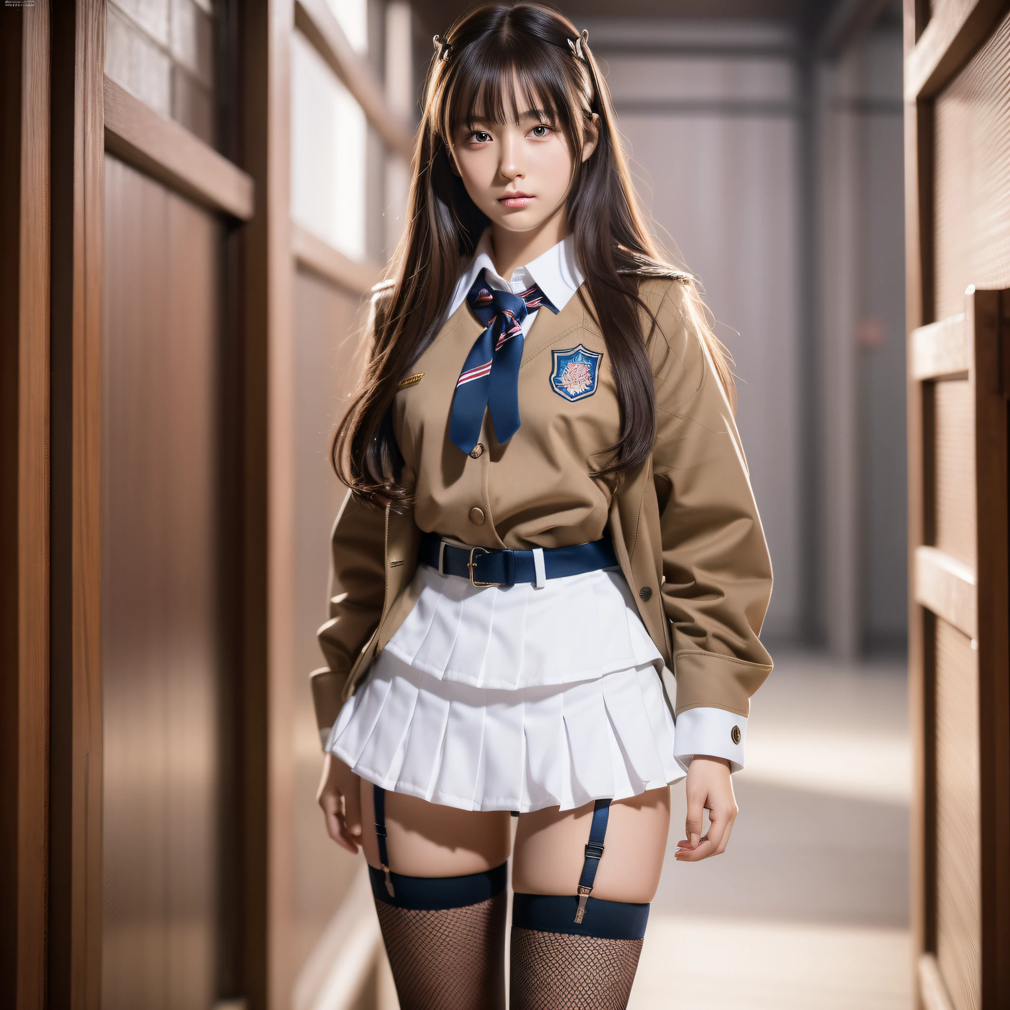 ulzzang-6500-v1.1, (Raw photo:1.2), (Photorealistic:1.4), Beautiful detailed girl, Very detailed eyes and face, Beautiful detailed eyes, Incredible, huge file size, ultra detail, high resolution, very detailed, best quality, masterpiece,, ((Japan girls' high school uniform)), illustration, very detailed, cg, unification, 8k wallpaper, fantastic, fine details, masterpiece, top quality, highly detailed cg uniform 8k wallpaper, light on face, movie lighting, 16 year old girl, white underwear, garter belt, full body figure, standing figure, slender,